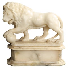 Large 19th C. Carrara Marble Lion with Orb on Stand by Pietro Simoni Da Barga