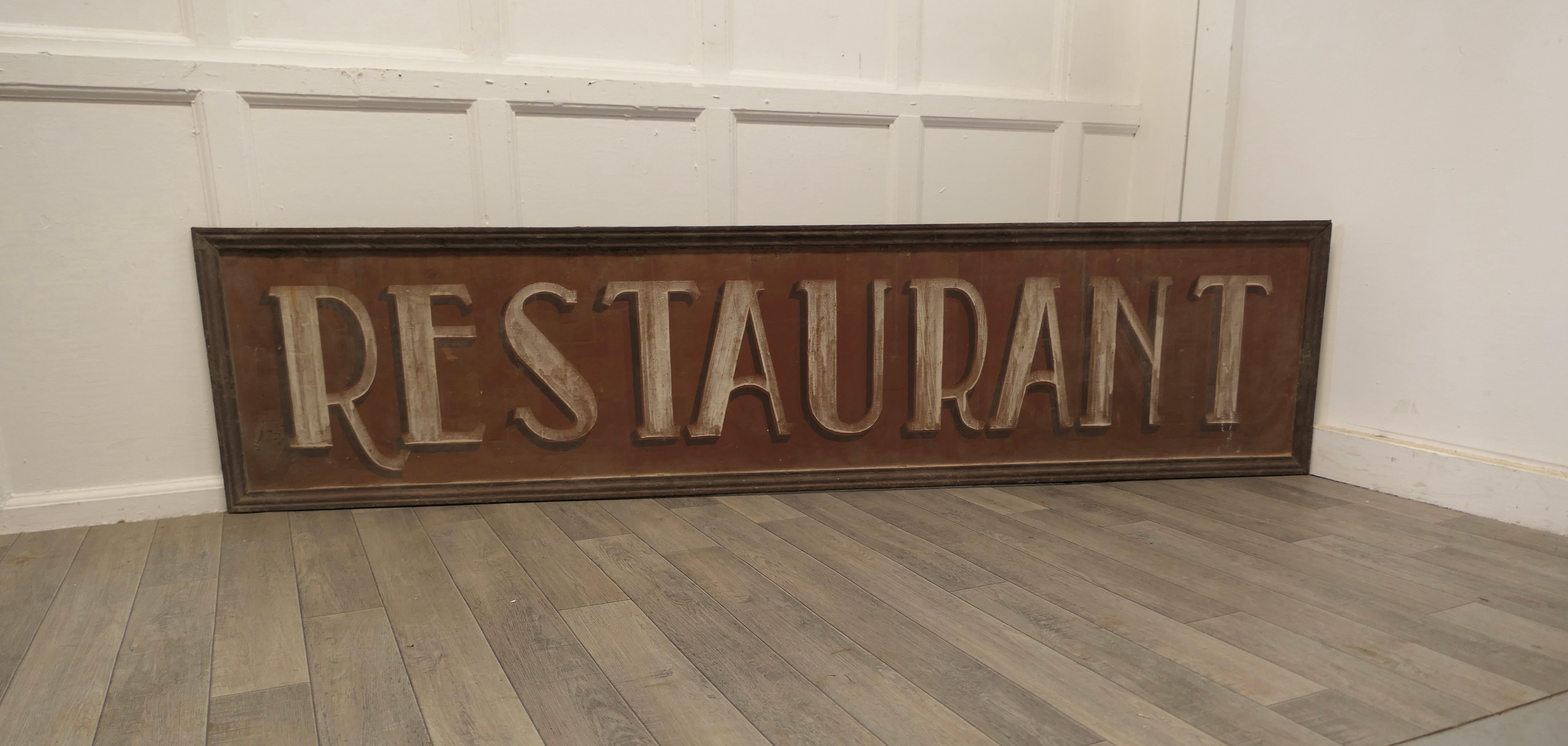 A Large 19th Century Cast Iron Painted RESTAURANT Sign 

This is an original restaurant sign from France, to is made in solid Cast Iron, so very heavy, it is 80” long and the frame is moulded to look like a wooden frame

This is a lovely old