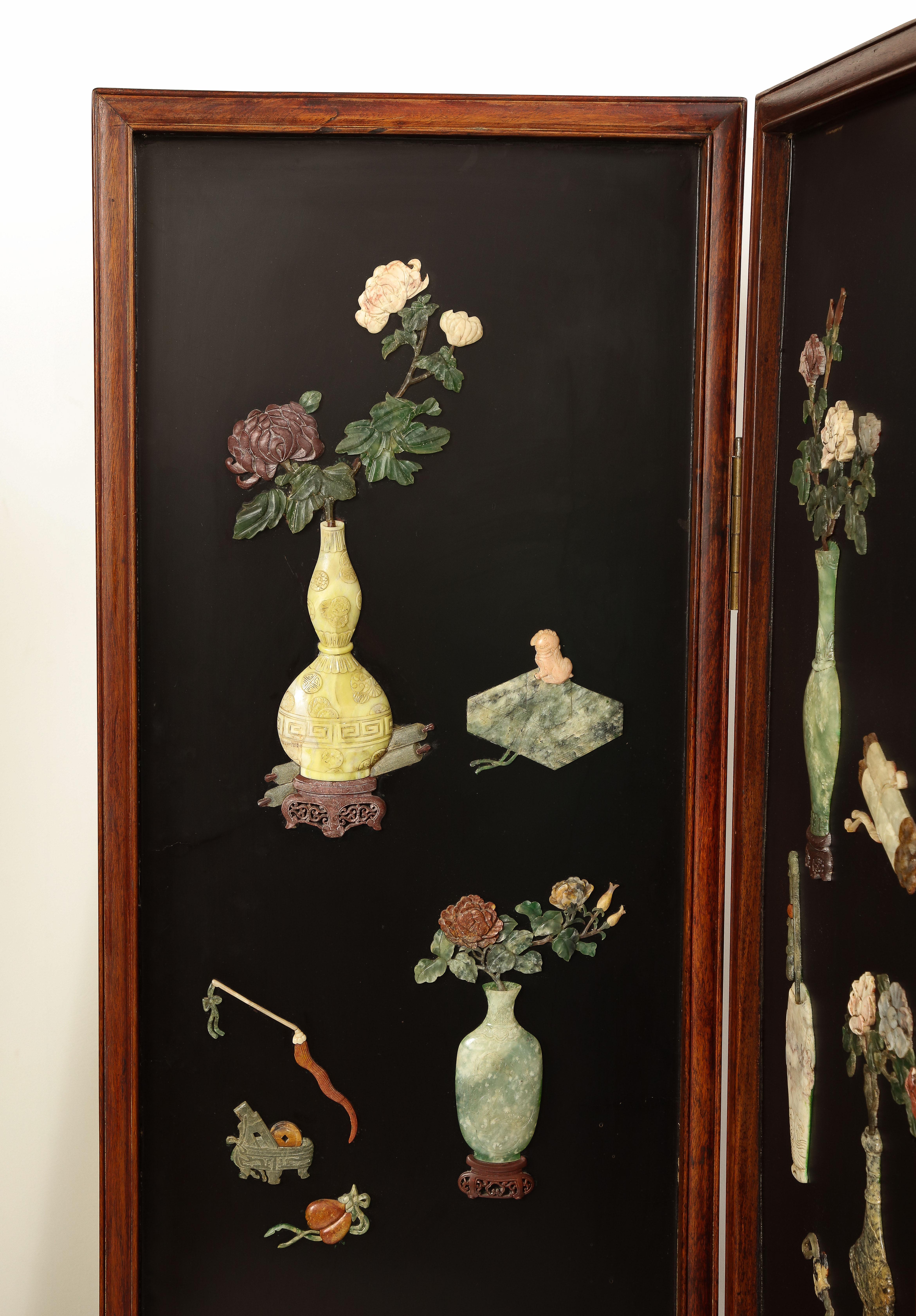 Large 20th C. Chinese 6 Panel Lacquered Hardstone and Jade Coromandel Screen For Sale 4