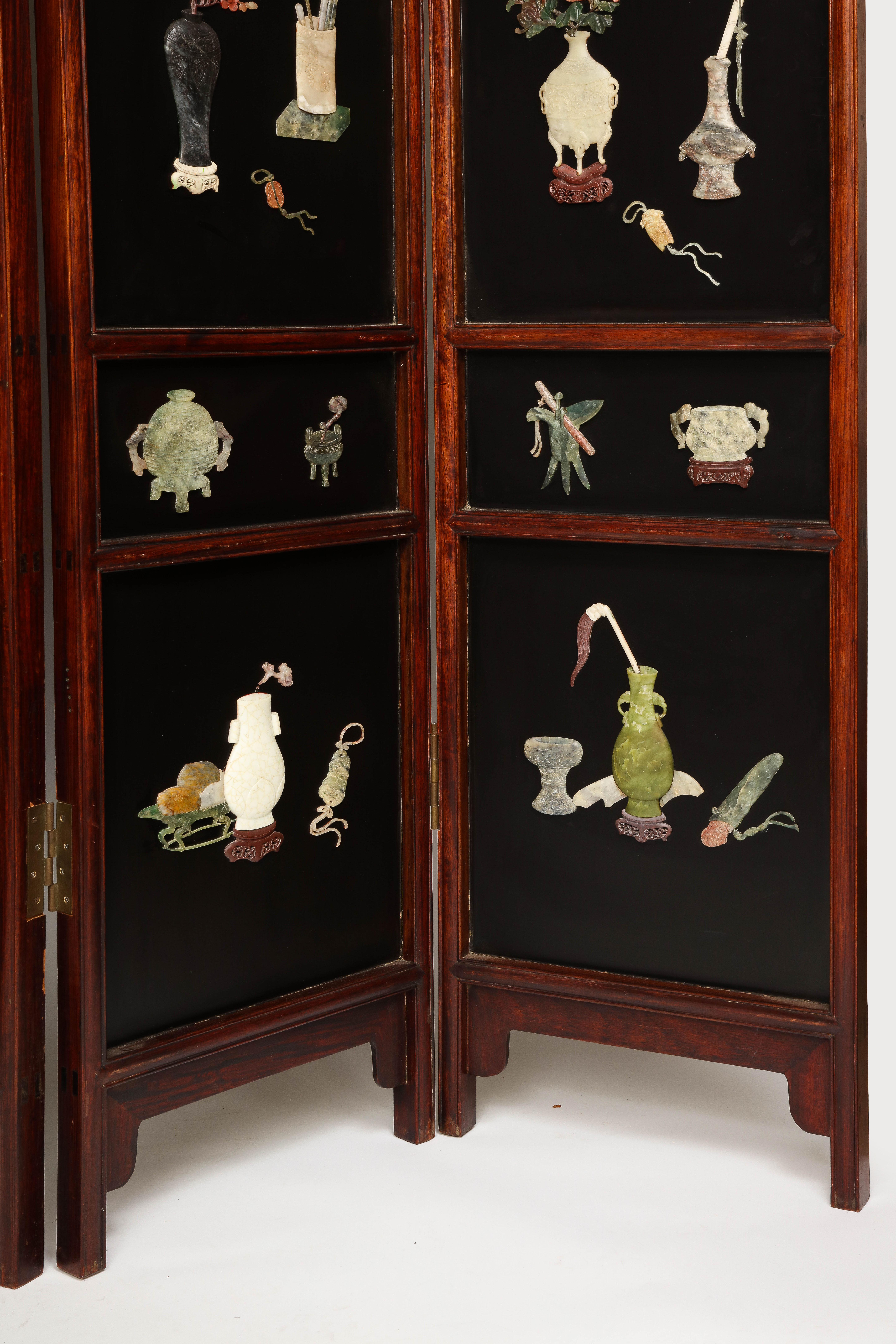Large 20th C. Chinese 6 Panel Lacquered Hardstone and Jade Coromandel Screen For Sale 5