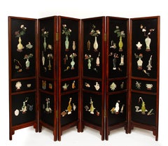 Large 20th C. Chinese 6 Panel Lacquered Hardstone and Jade Coromandel Screen