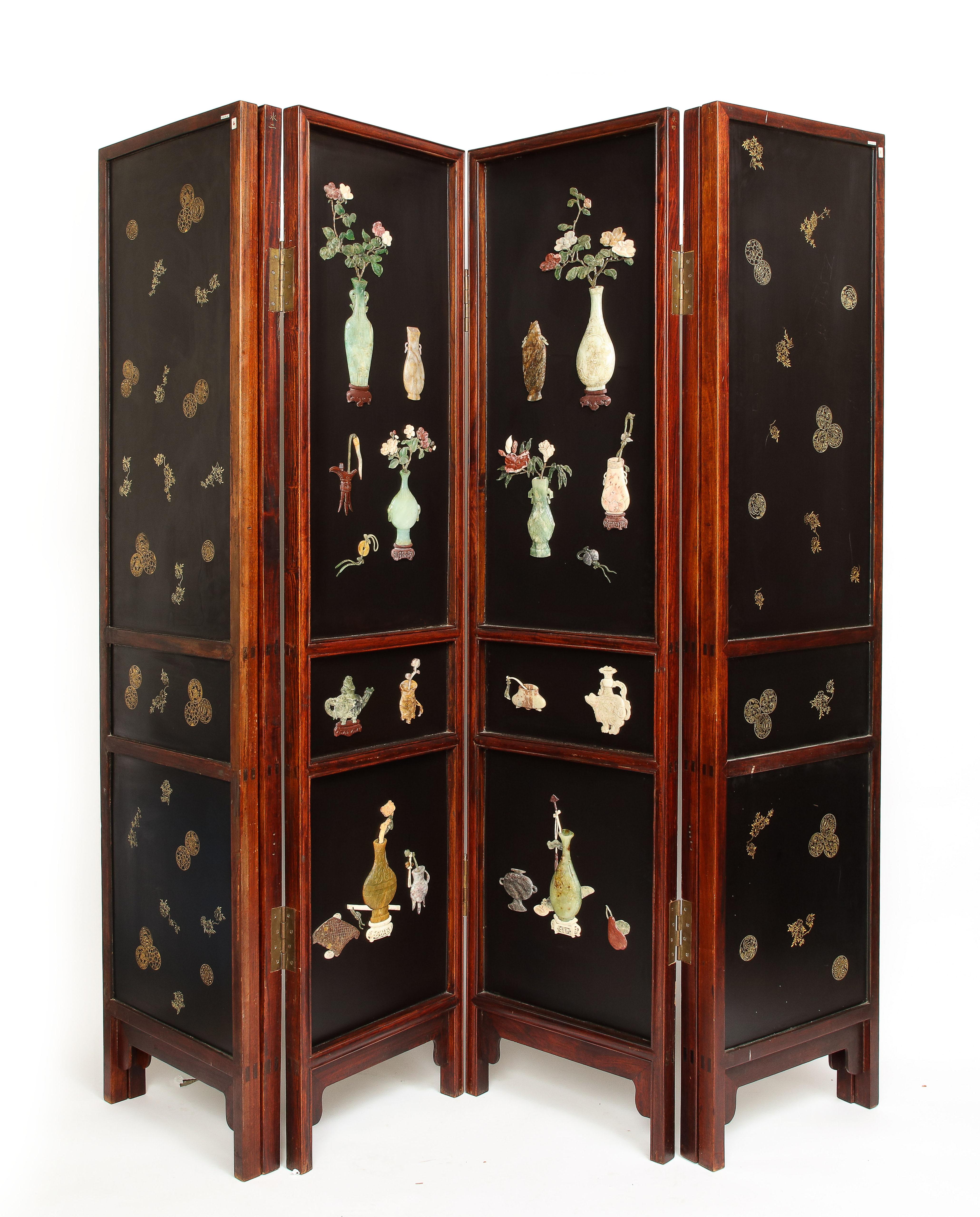 Qing Large 20th C. Chinese 6 Panel Lacquered Hardstone and Jade Coromandel Screen For Sale