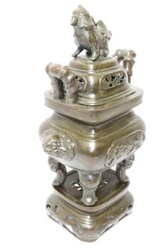 Large 19th Century Chinese Cast and Engraved Bronze Censer with Stand and Cover