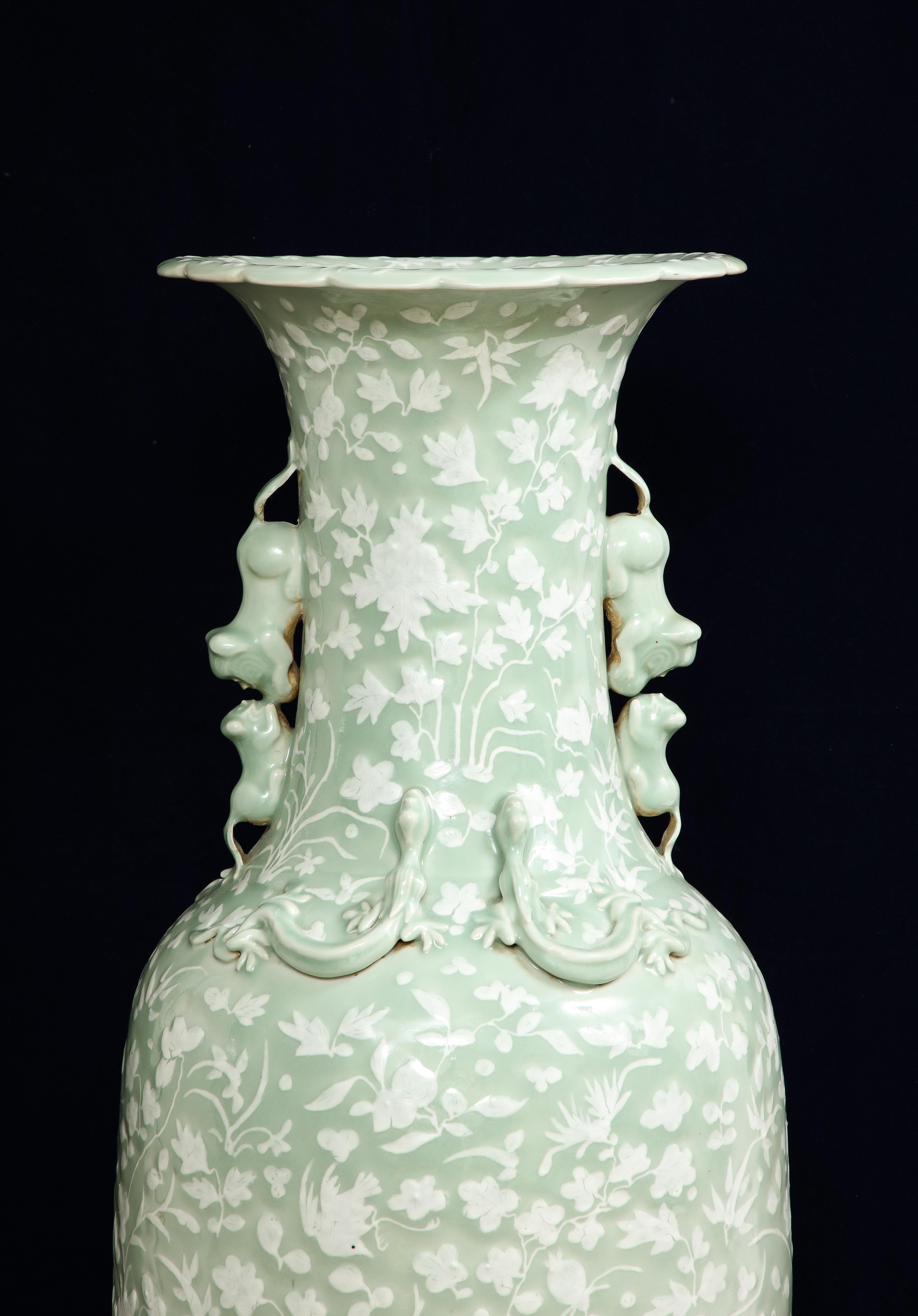 Large 19th C. Chinese Celadon-Ground Slip-Decorated Vase W/ Foo Dog Handles For Sale 3