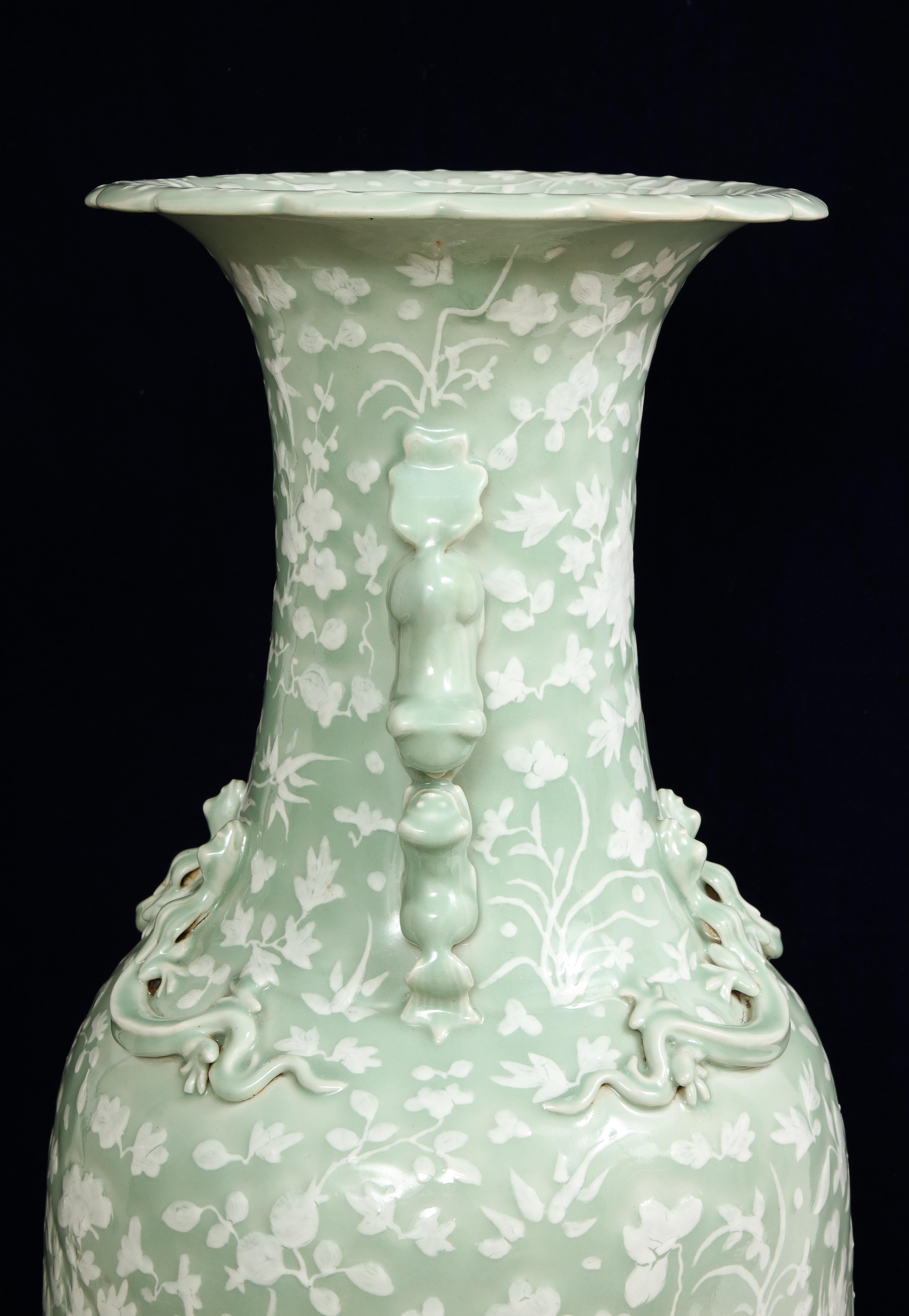 Large 19th C. Chinese Celadon-Ground Slip-Decorated Vase W/ Foo Dog Handles For Sale 4