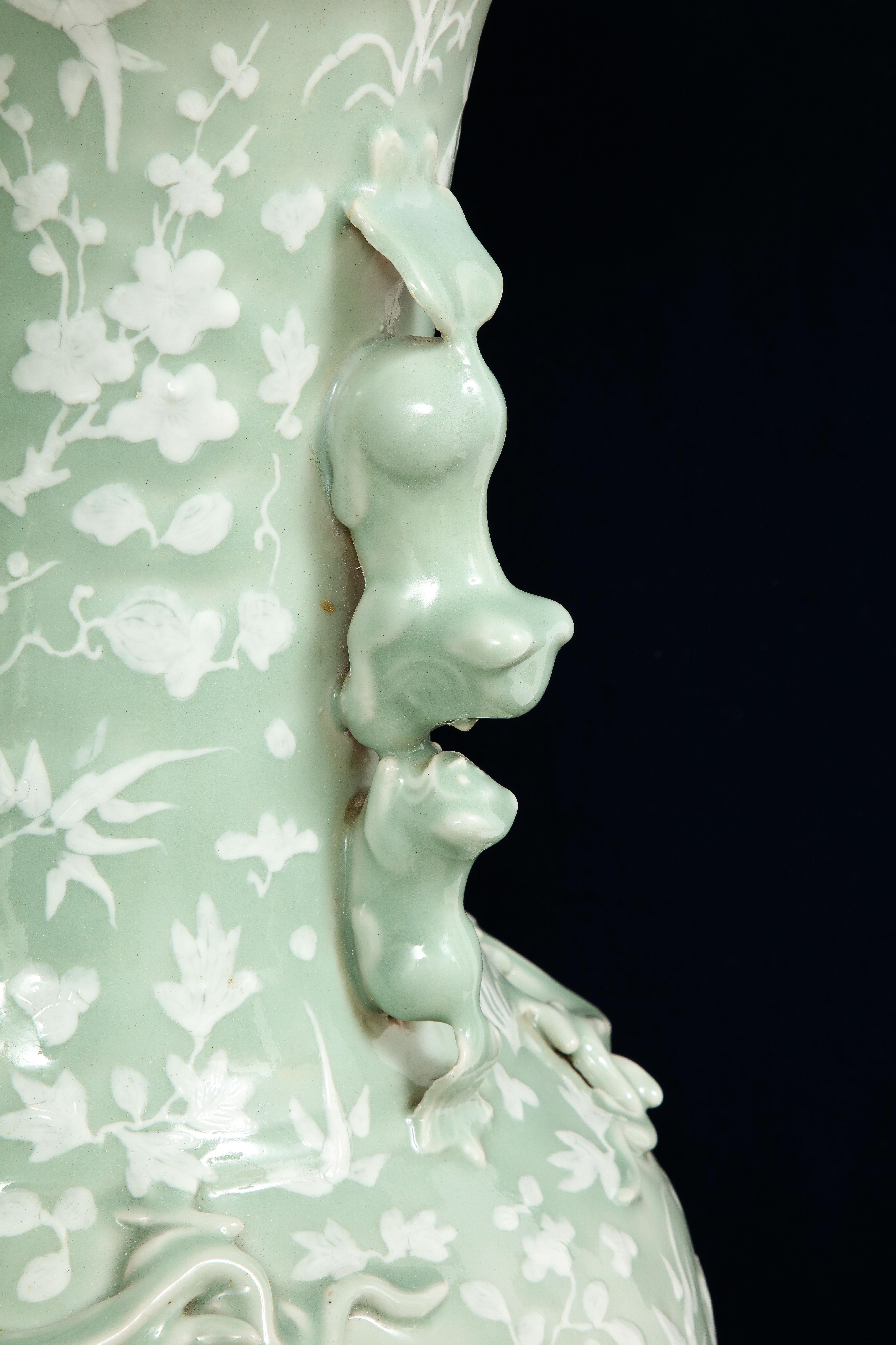 Large 19th C. Chinese Celadon-Ground Slip-Decorated Vase W/ Foo Dog Handles For Sale 5