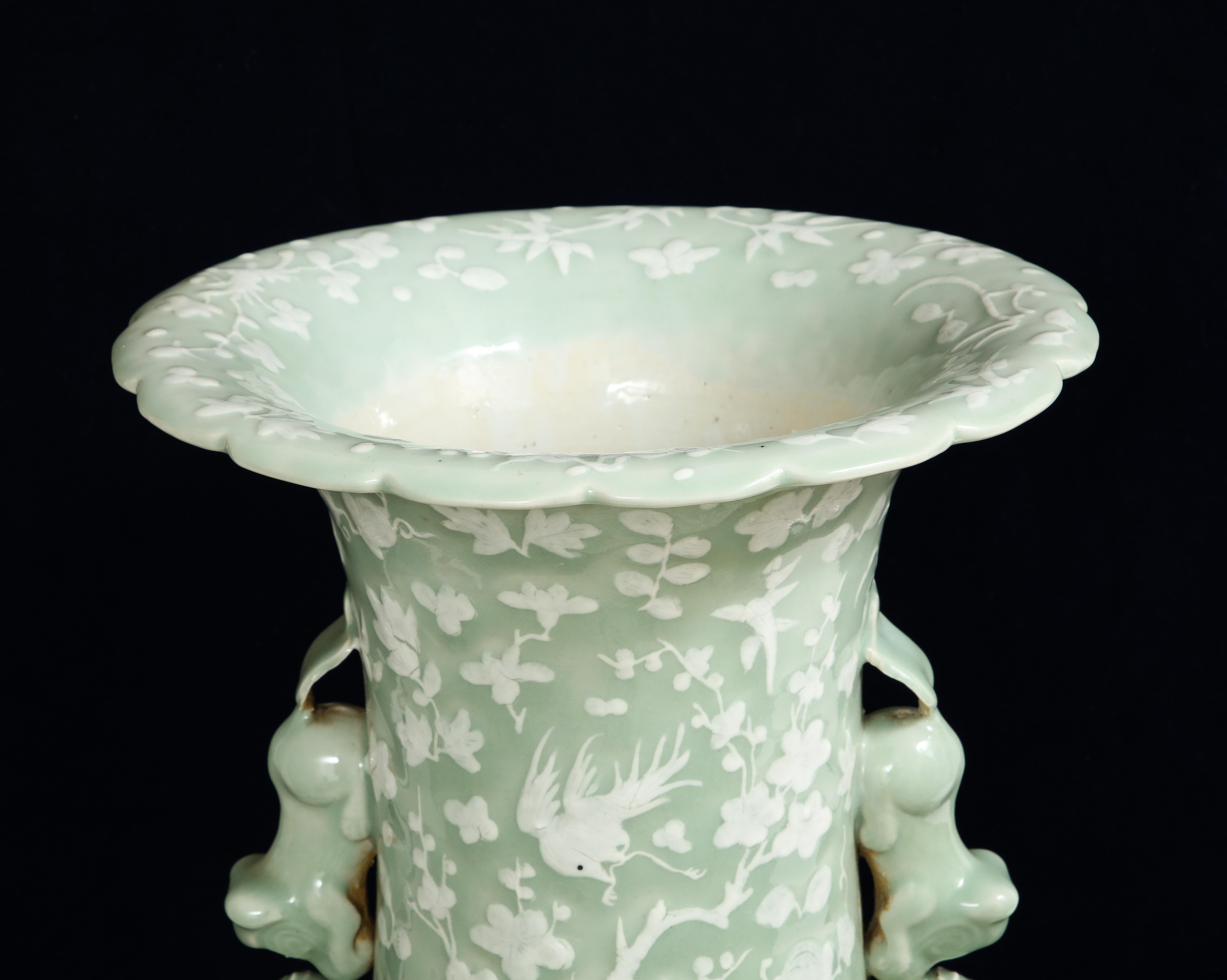 Large 19th C. Chinese Celadon-Ground Slip-Decorated Vase W/ Foo Dog Handles For Sale 11