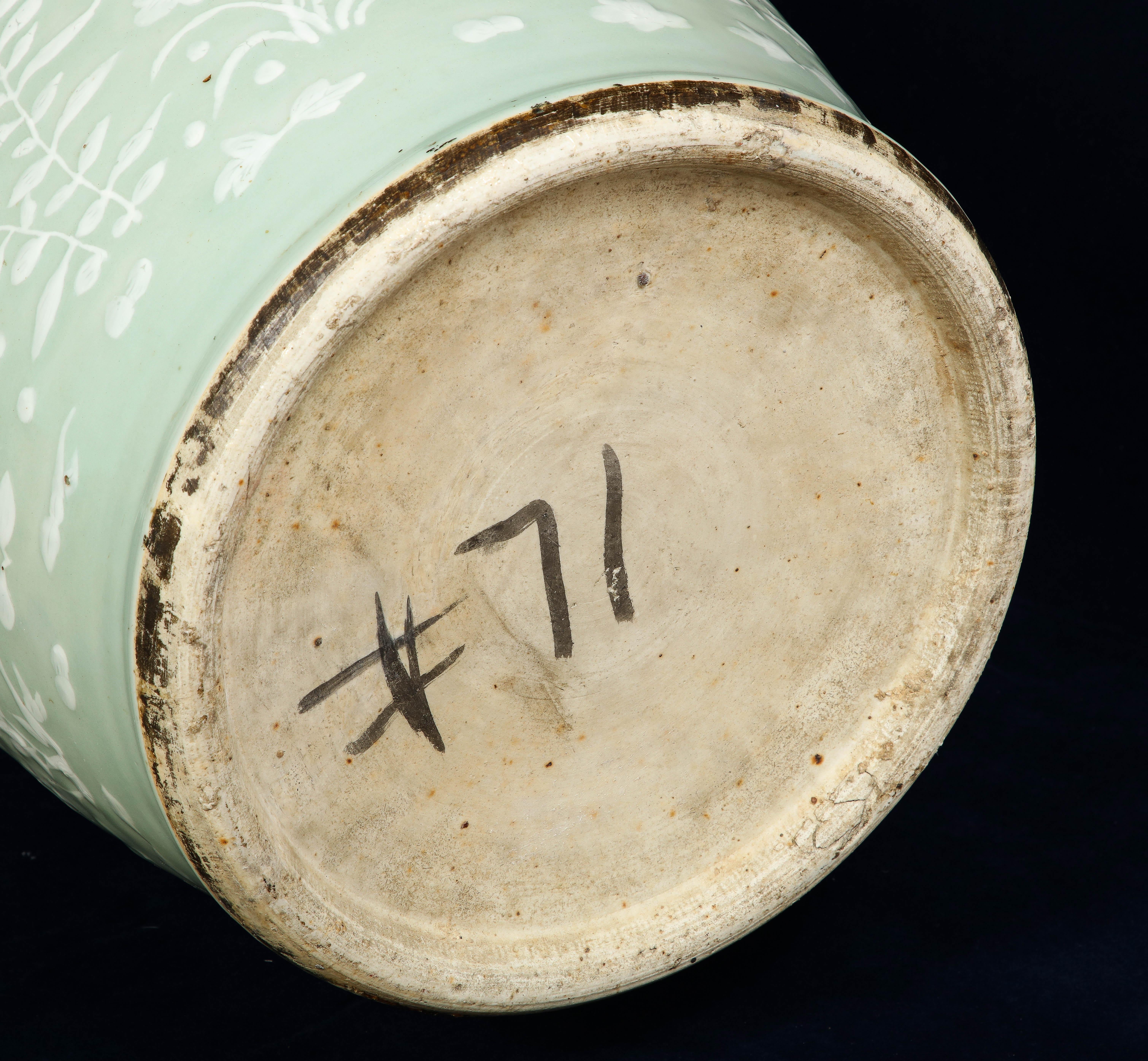 Large 19th C. Chinese Celadon-Ground Slip-Decorated Vase W/ Foo Dog Handles For Sale 12