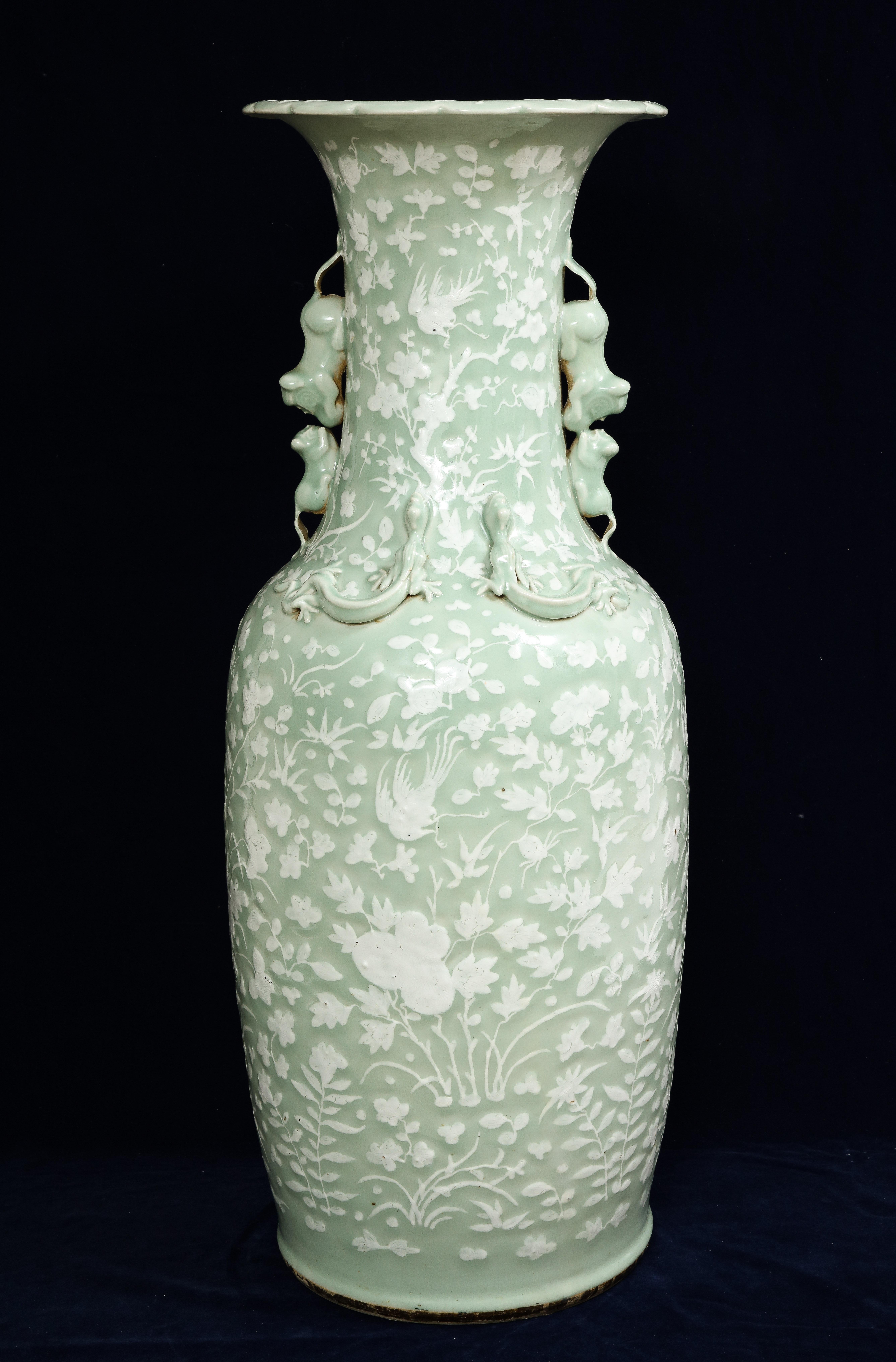 Qing Large 19th C. Chinese Celadon-Ground Slip-Decorated Vase W/ Foo Dog Handles For Sale