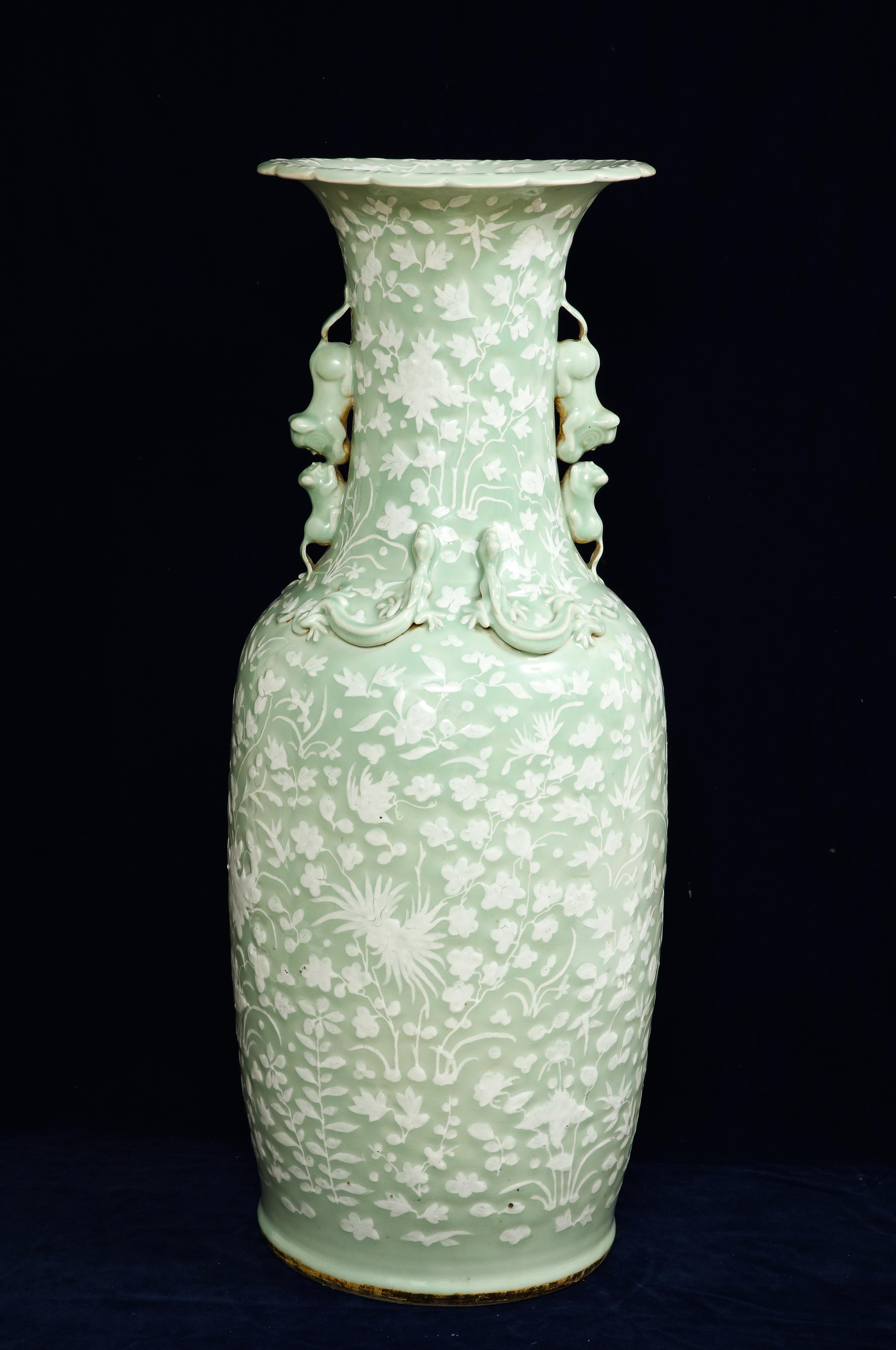 Hand-Carved Large 19th C. Chinese Celadon-Ground Slip-Decorated Vase W/ Foo Dog Handles For Sale