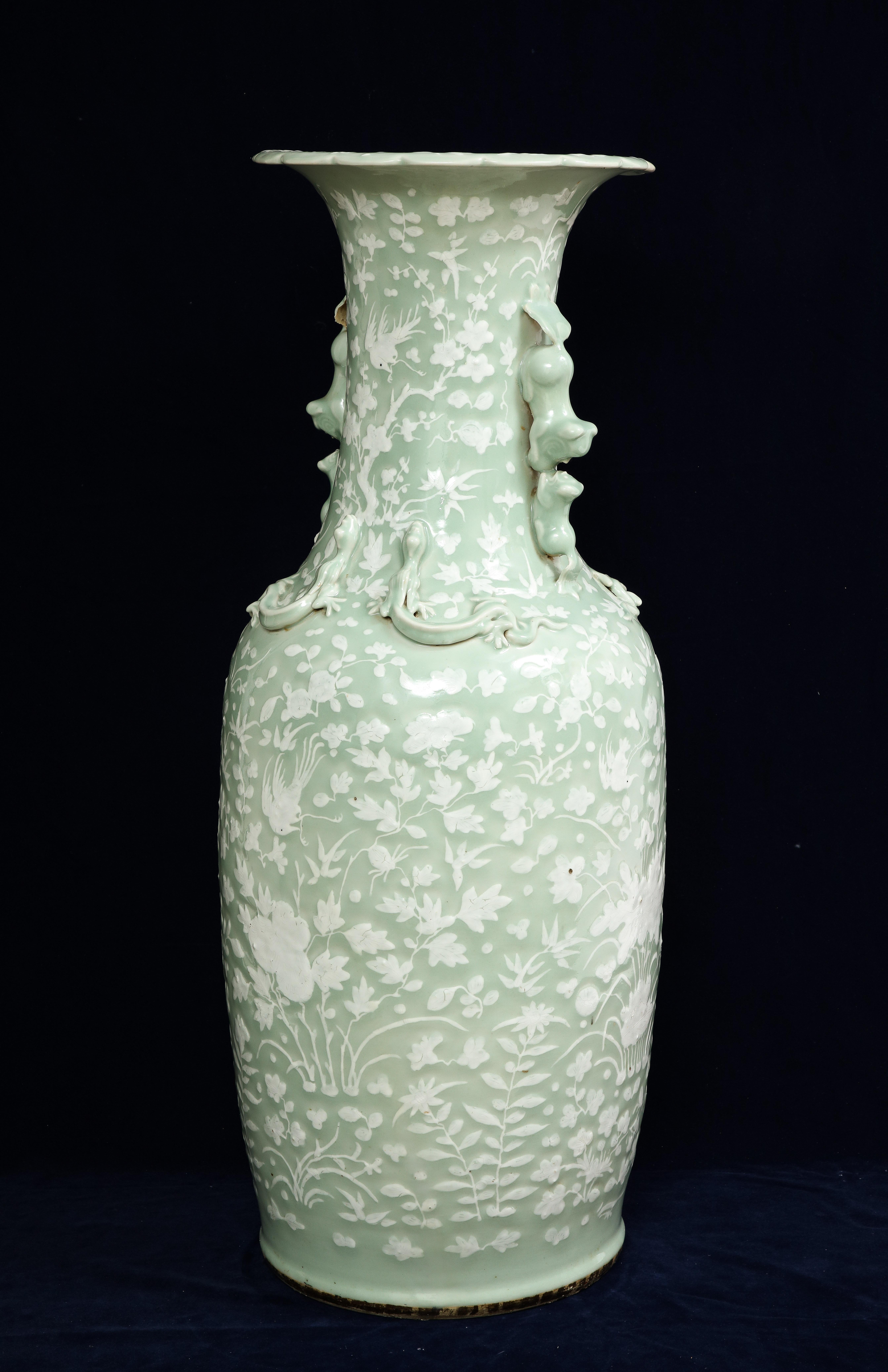 Large 19th C. Chinese Celadon-Ground Slip-Decorated Vase W/ Foo Dog Handles In Good Condition For Sale In New York, NY