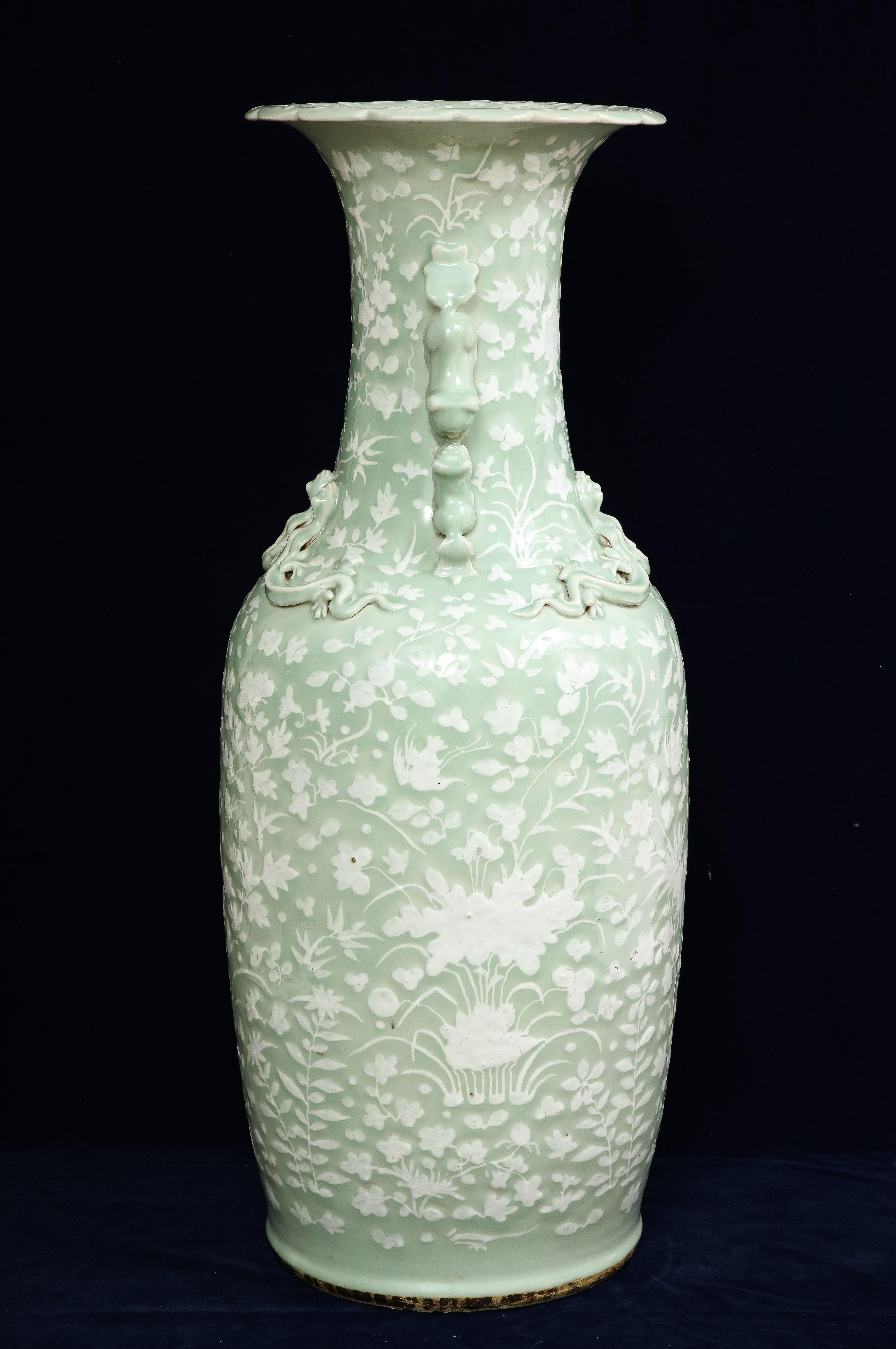 19th Century Large 19th C. Chinese Celadon-Ground Slip-Decorated Vase W/ Foo Dog Handles For Sale