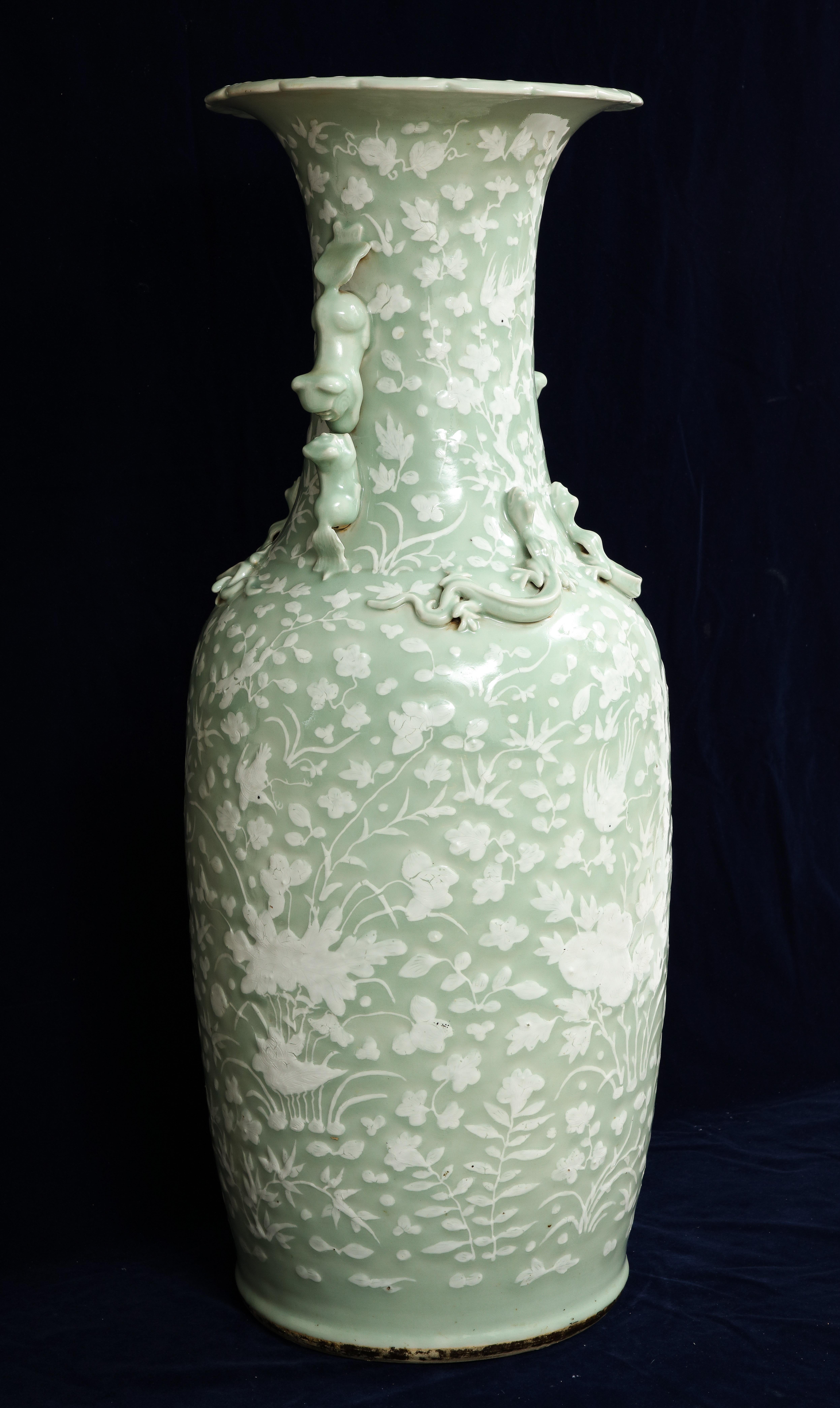 Porcelain Large 19th C. Chinese Celadon-Ground Slip-Decorated Vase W/ Foo Dog Handles For Sale