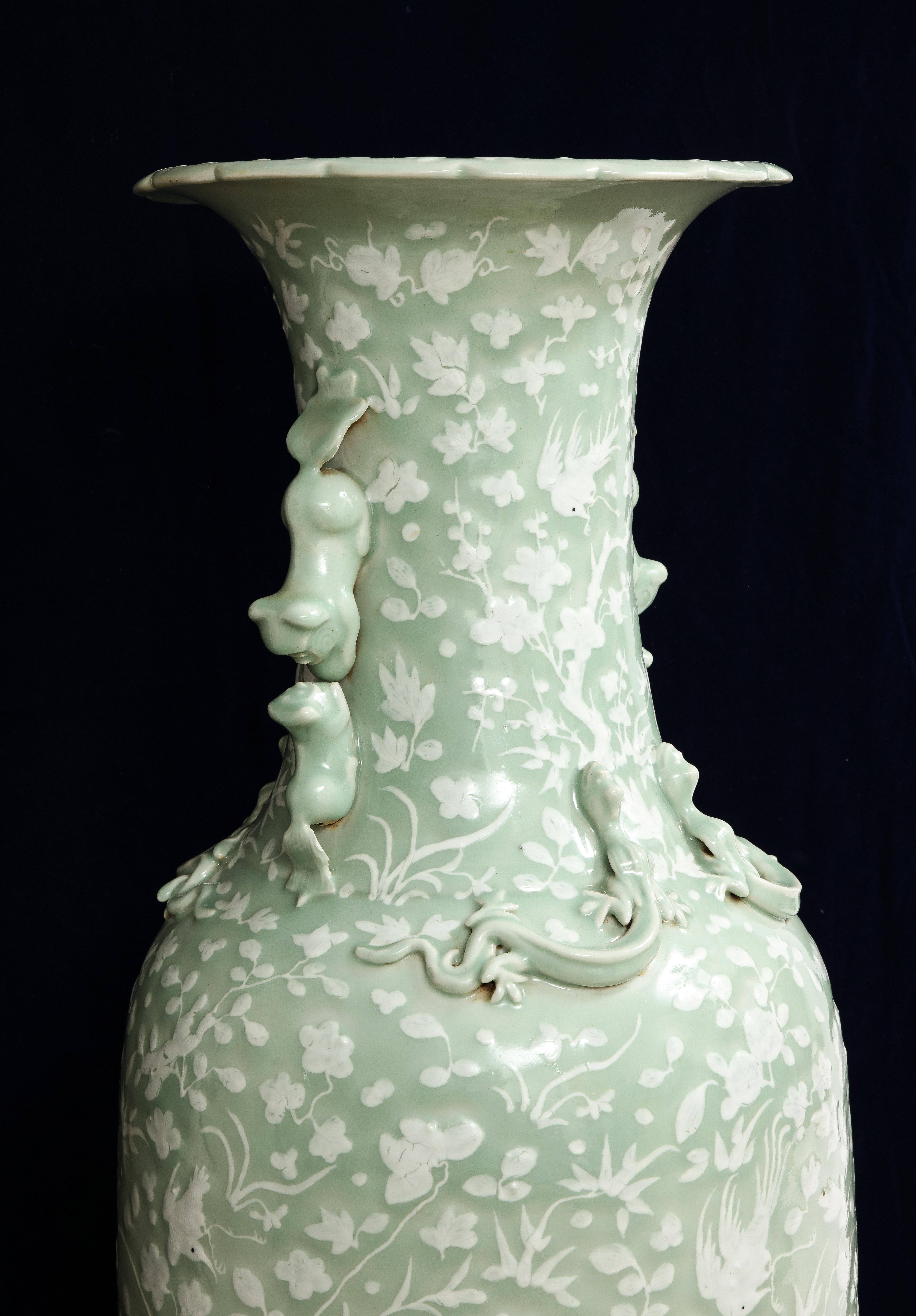 Large 19th C. Chinese Celadon-Ground Slip-Decorated Vase W/ Foo Dog Handles For Sale 1