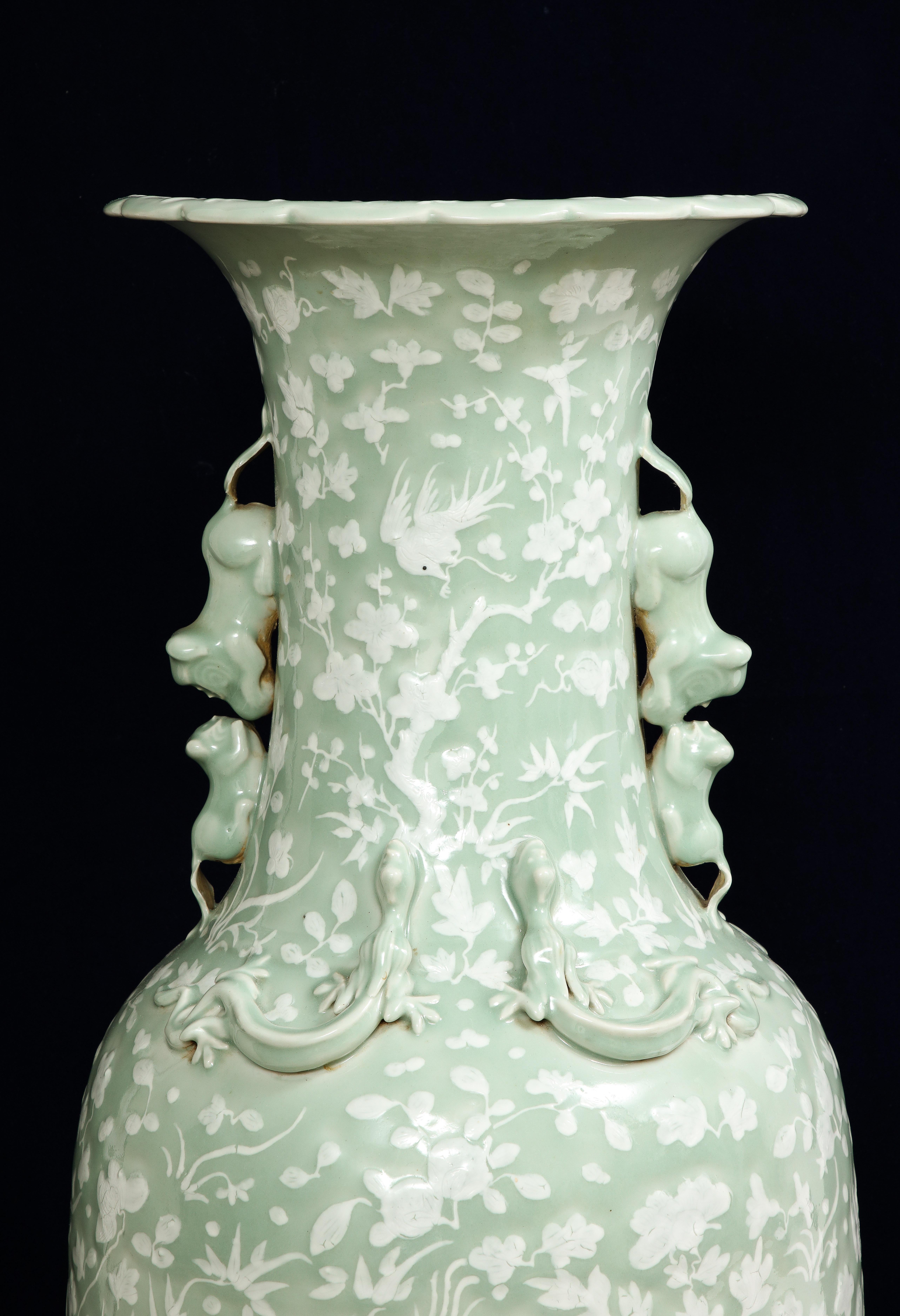Large 19th C. Chinese Celadon-Ground Slip-Decorated Vase W/ Foo Dog Handles For Sale 2