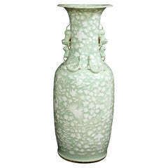 Large 19th C. Chinese Celadon-Ground Slip-Decorated Vase W/ Foo Dog Handles