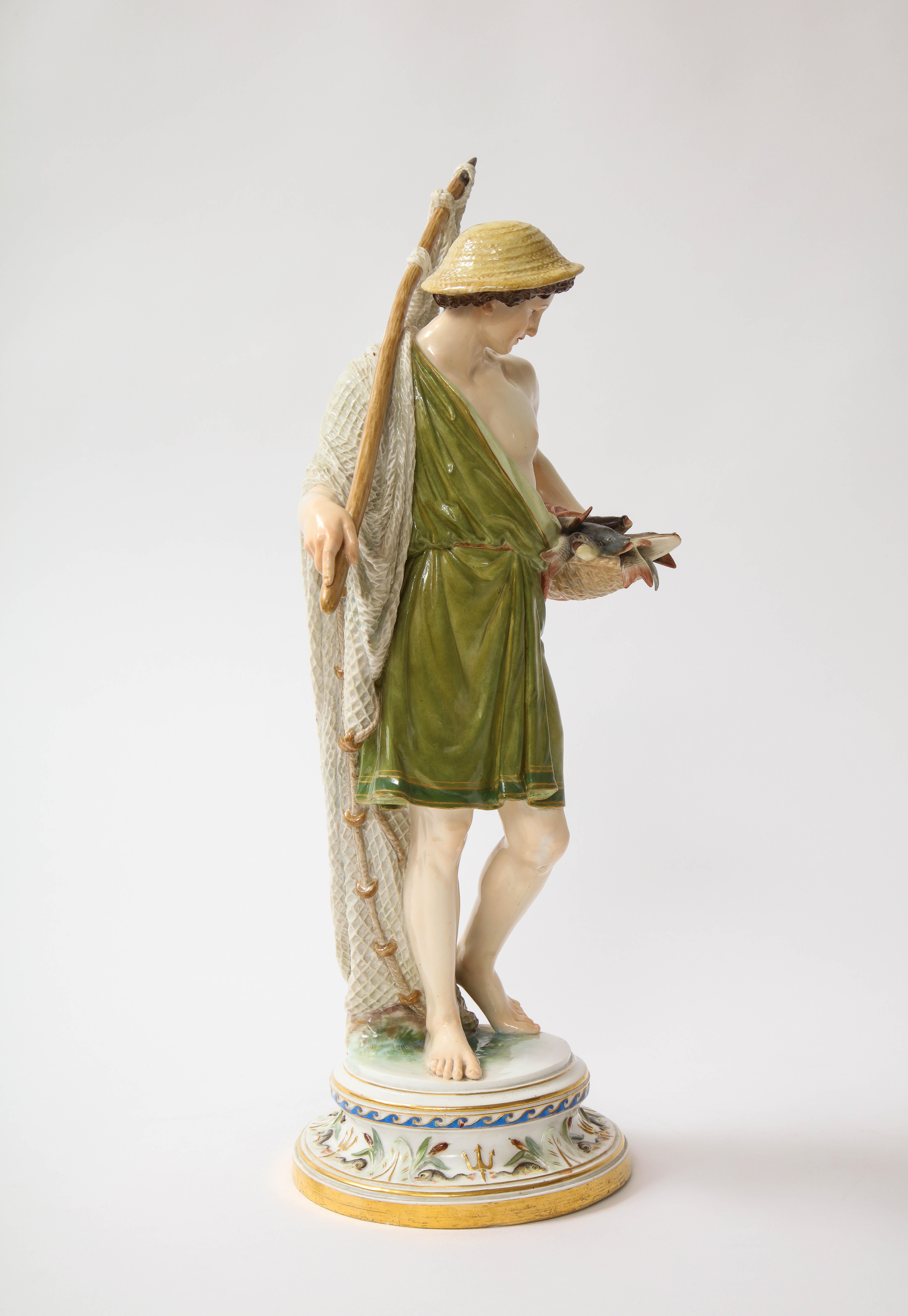 A Large 19th C. Meissen Porcelain Figure of a Fisherman with a Net.  As one's gaze ascends, attention is drawn to the fisherman's head, crowned by a wonderfully crafted utilitarian straw hat. Beneath its brim, lustrous rich brown curls cascade,