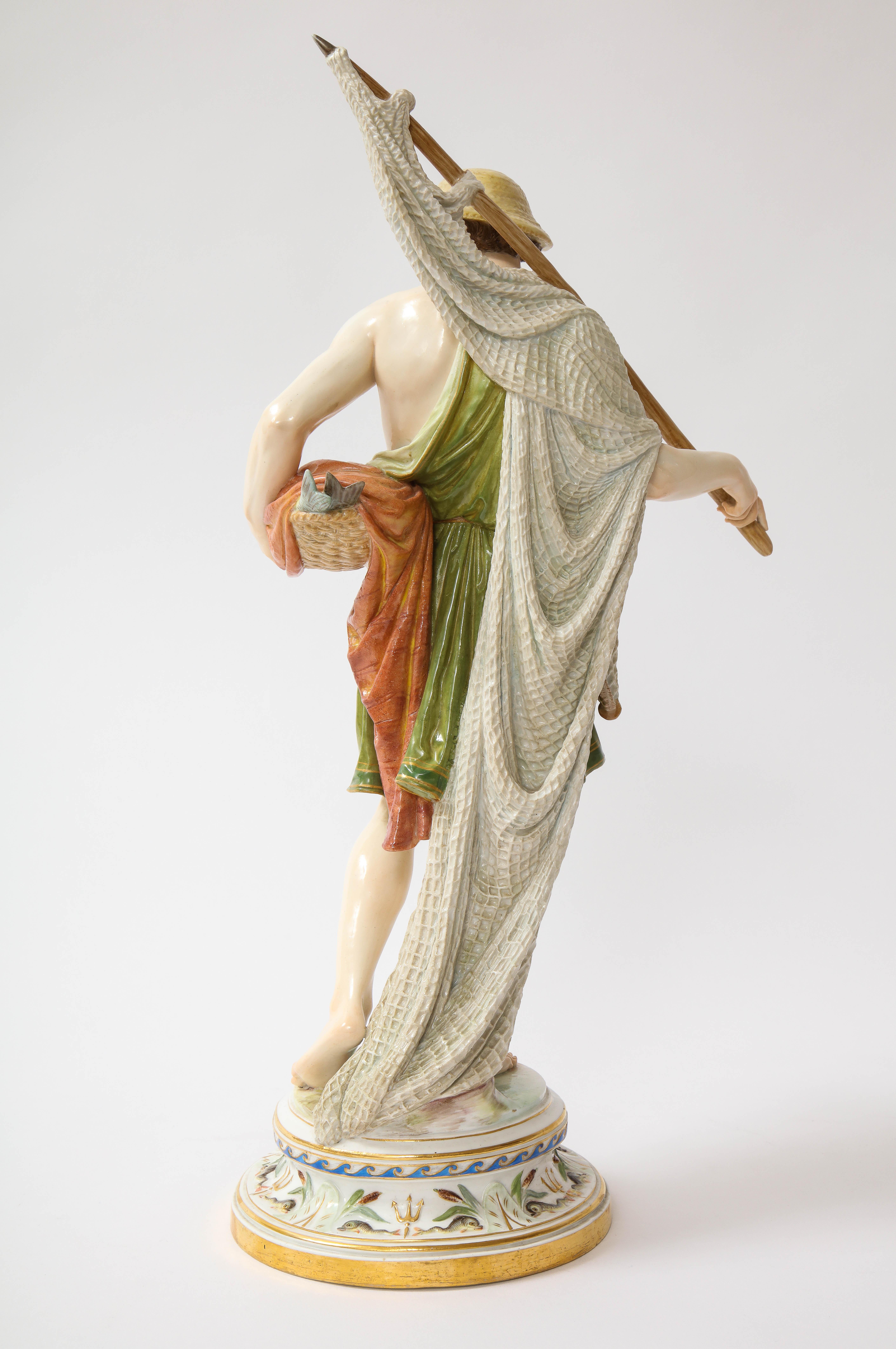 German A Large 19th C. Meissen Porcelain Figure of a Fisherman with a Net For Sale