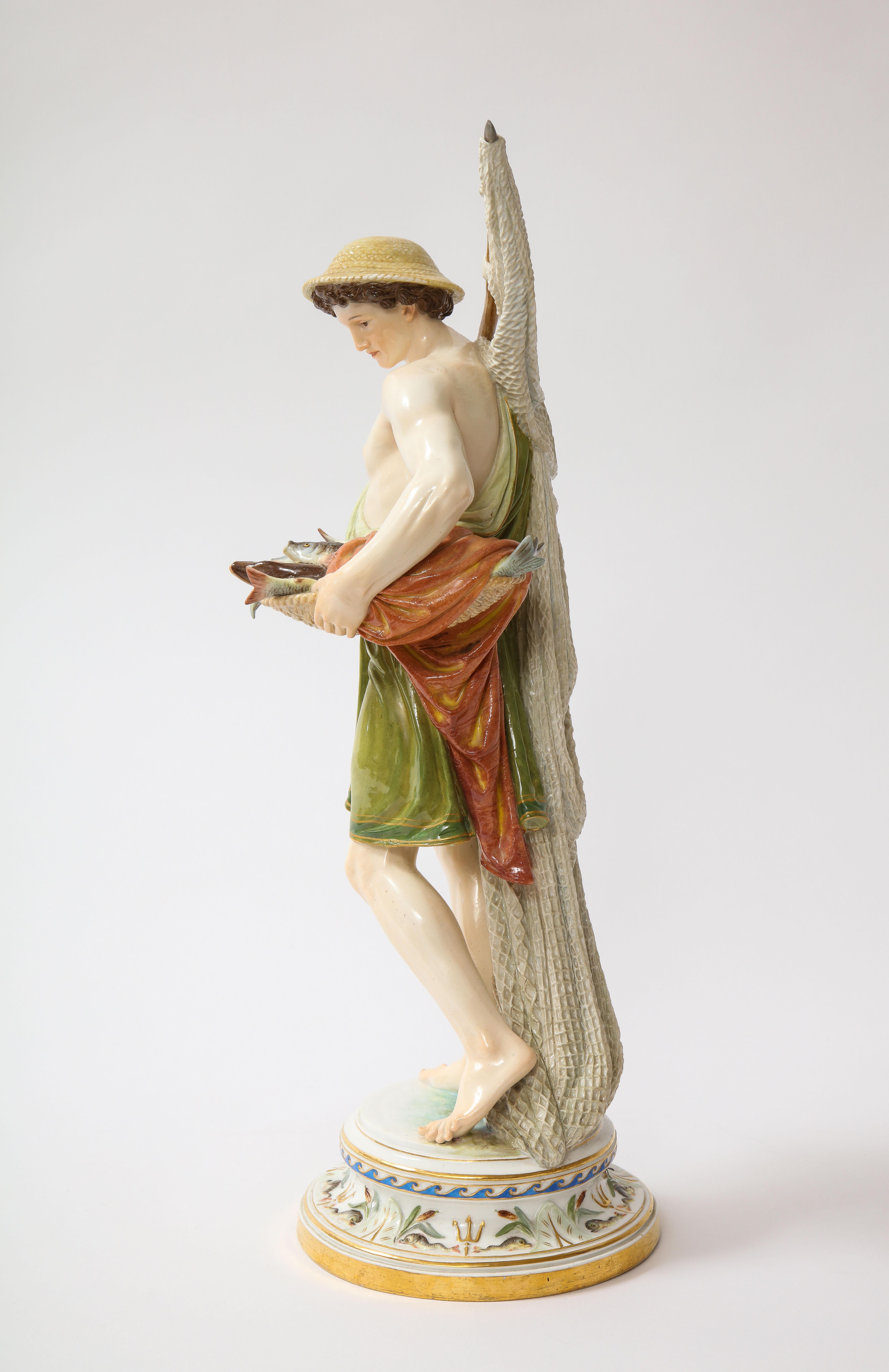 Hand-Carved A Large 19th C. Meissen Porcelain Figure of a Fisherman with a Net For Sale