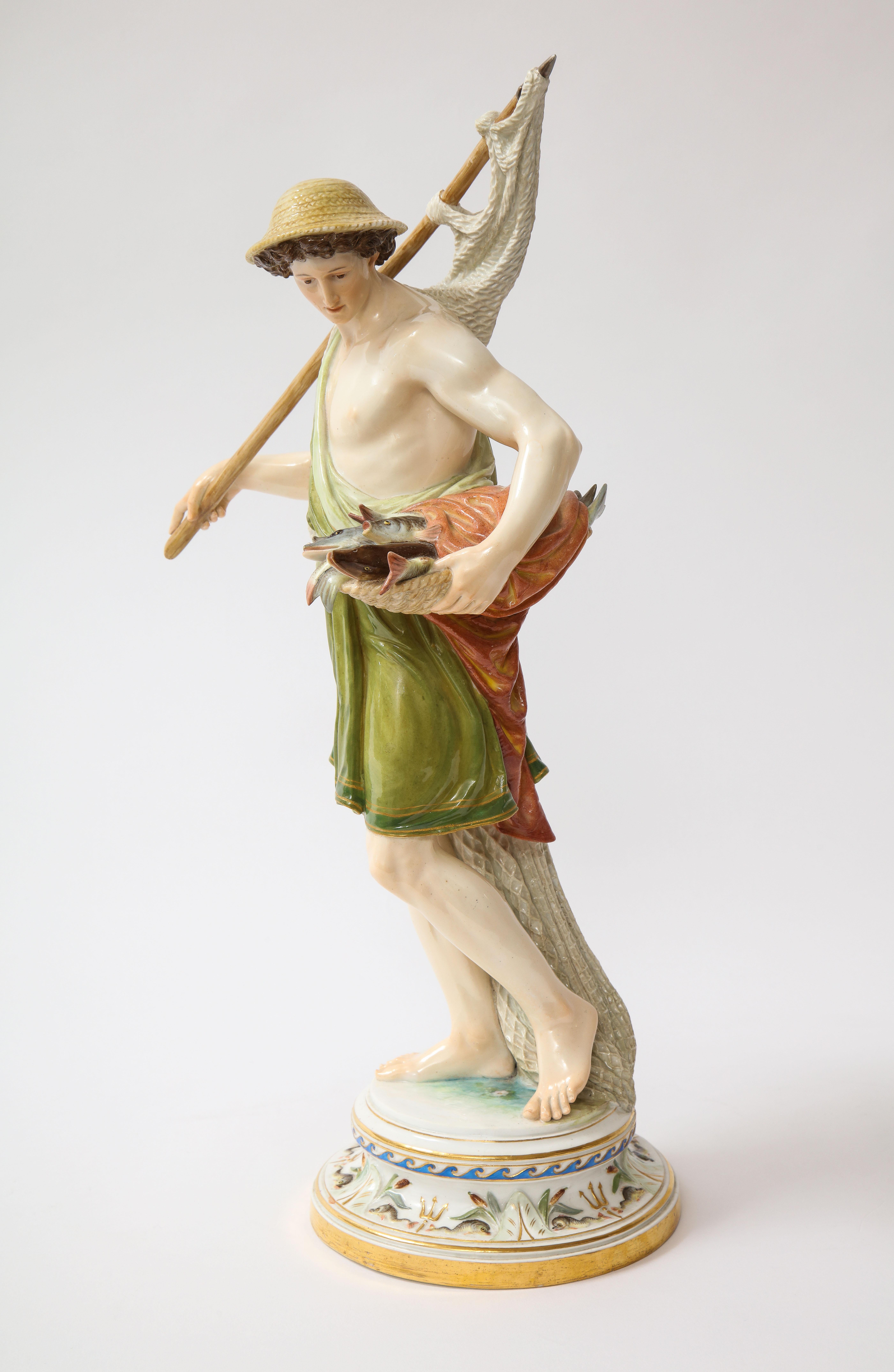 A Large 19th C. Meissen Porcelain Figure of a Fisherman with a Net In Good Condition For Sale In New York, NY