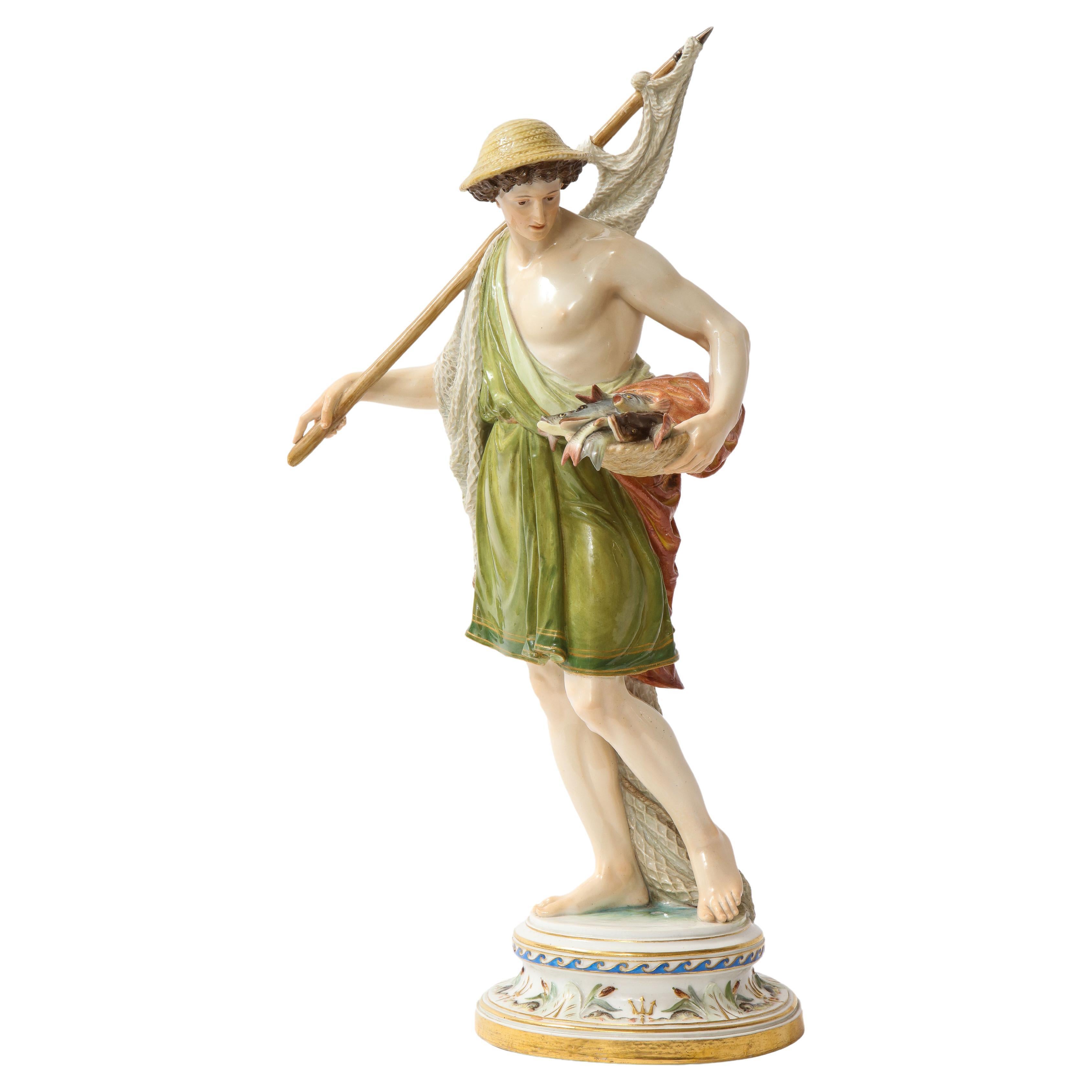 A Large 19th C. Meissen Porcelain Figure of a Fisherman with a Net For Sale