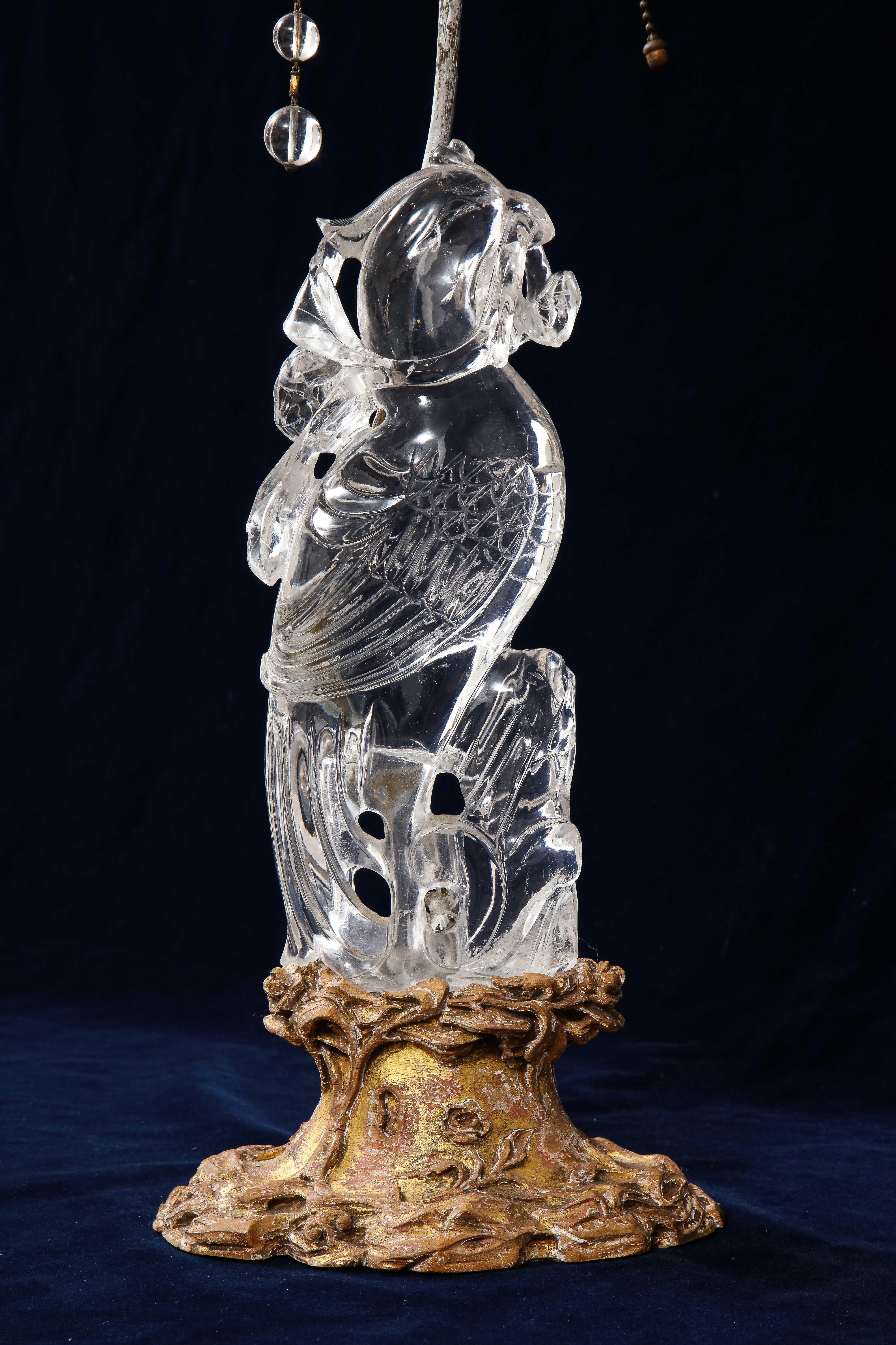 Large 19th Cent. Chinese Gilt Bornze Mtd Hand-Carved Rock Crystal Phoenix Lamp 3