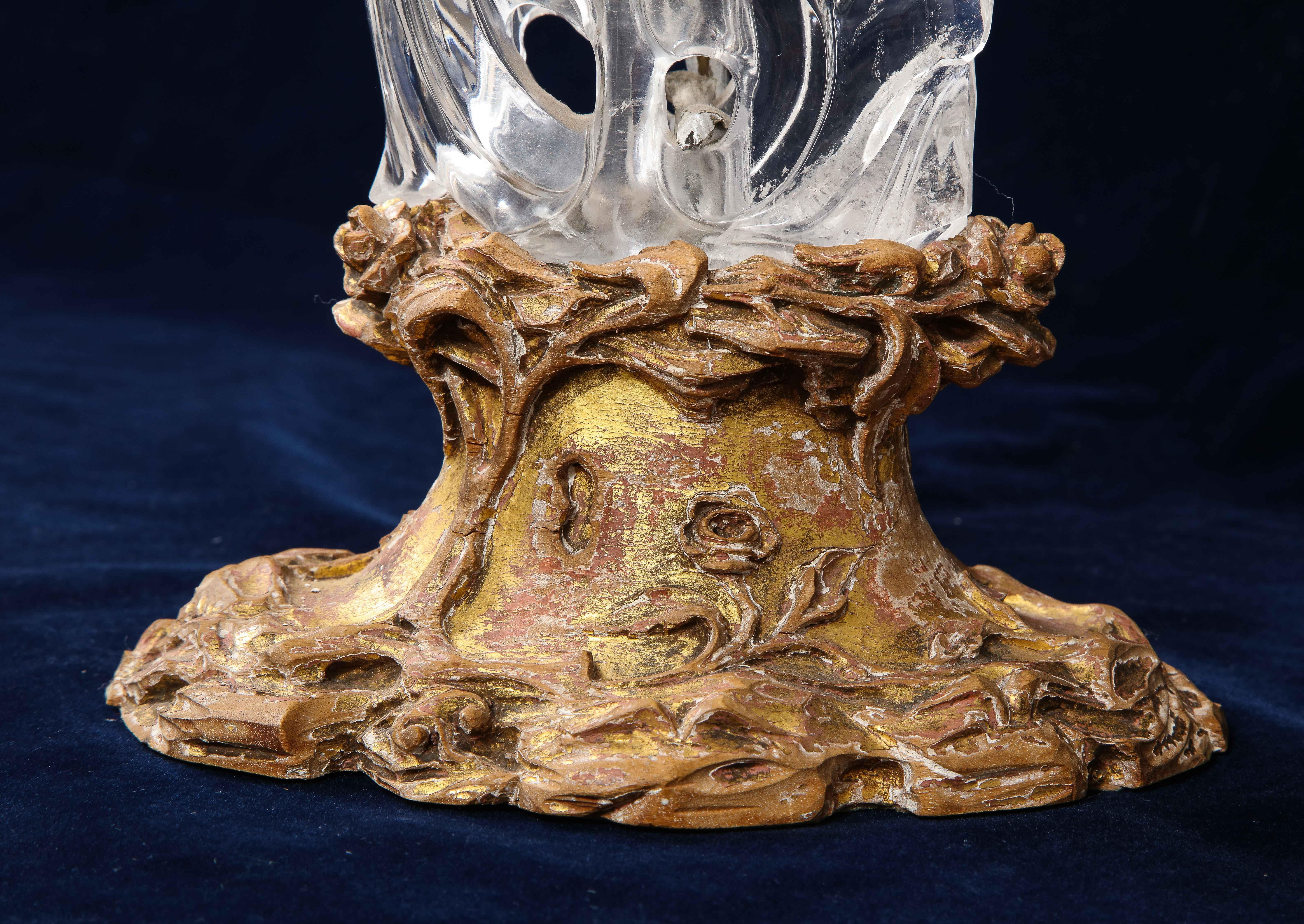 Large 19th Cent. Chinese Gilt Bornze Mtd Hand-Carved Rock Crystal Phoenix Lamp 7