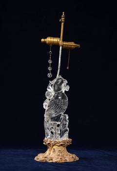 Large 19th Cent. Chinese Gilt Bornze Mtd Hand-Carved Rock Crystal Phoenix Lamp