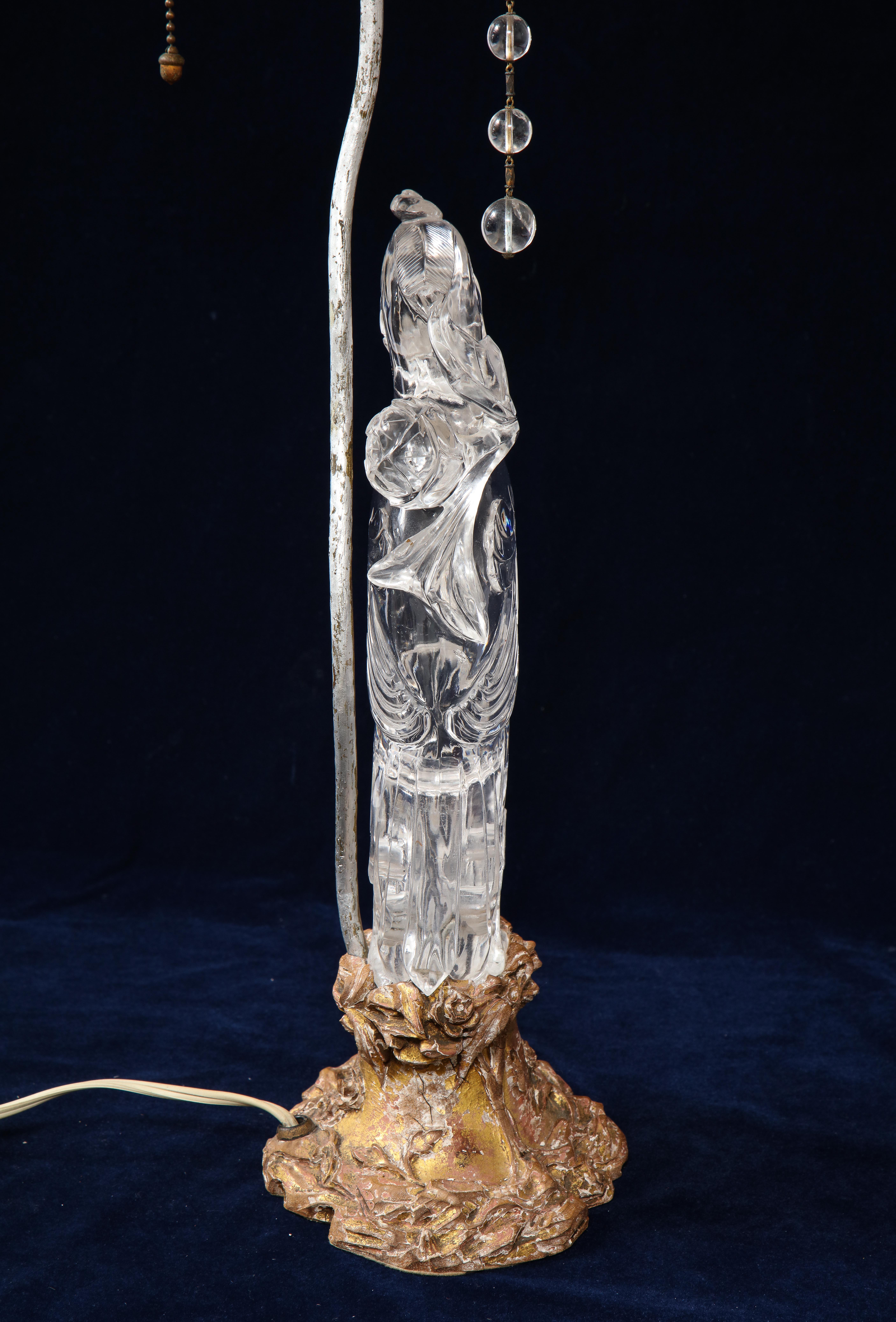 Chinese Export Large 19th Cent. Chinese Gilt Bornze Mtd Hand-Carved Rock Crystal Phoenix Lamp
