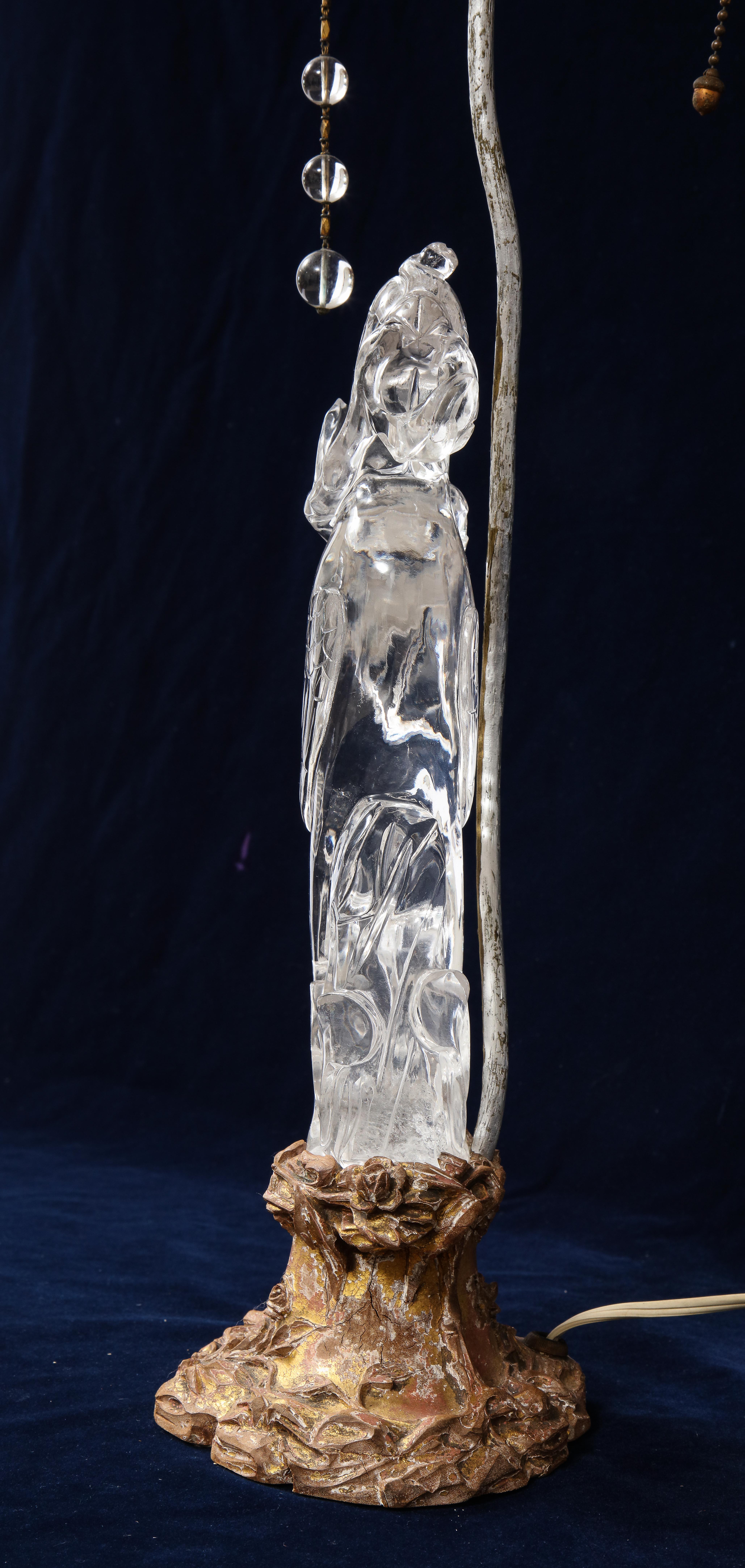 Large 19th Cent. Chinese Gilt Bornze Mtd Hand-Carved Rock Crystal Phoenix Lamp In Good Condition In New York, NY