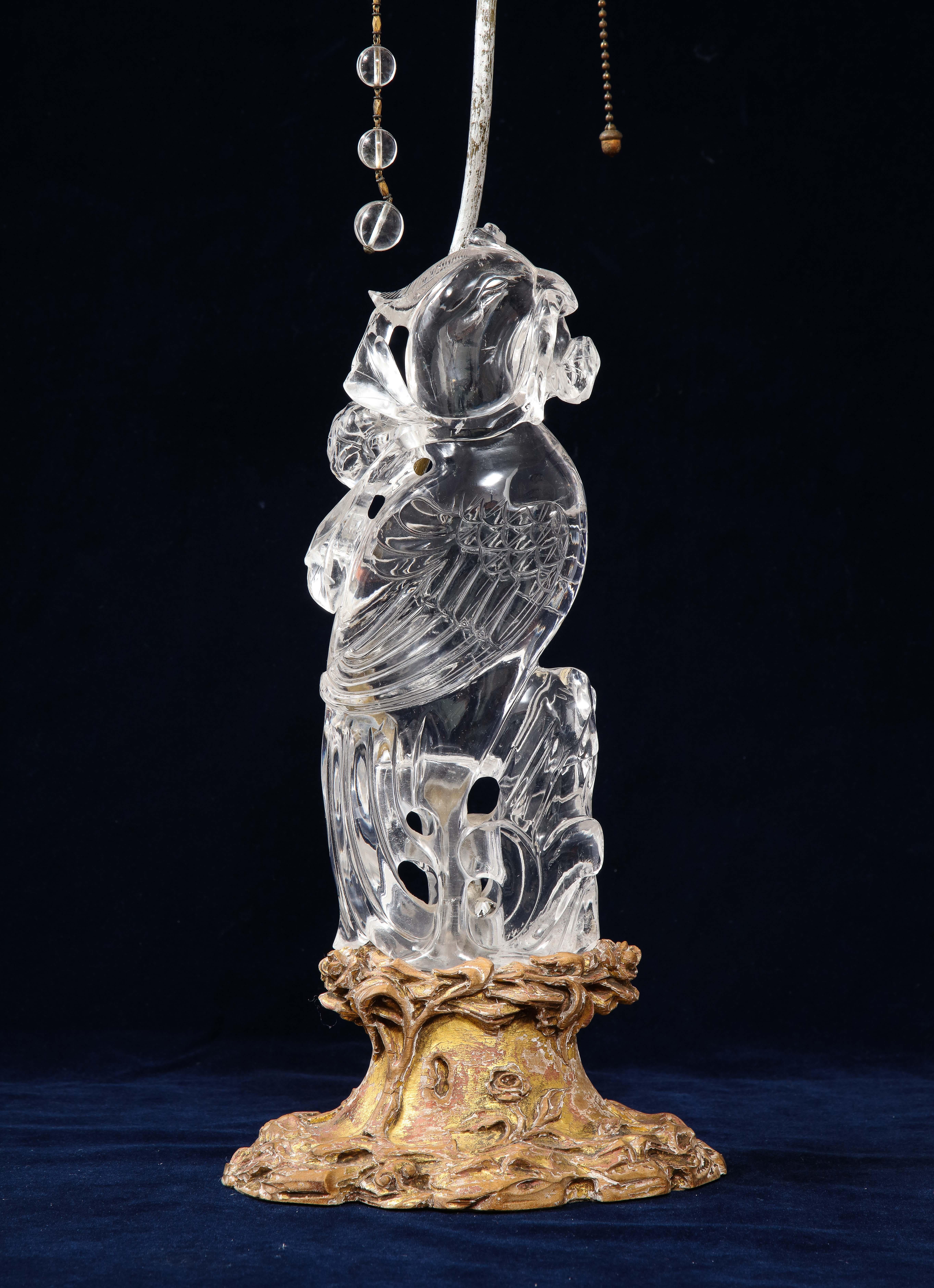19th Century Large 19th Cent. Chinese Gilt Bornze Mtd Hand-Carved Rock Crystal Phoenix Lamp