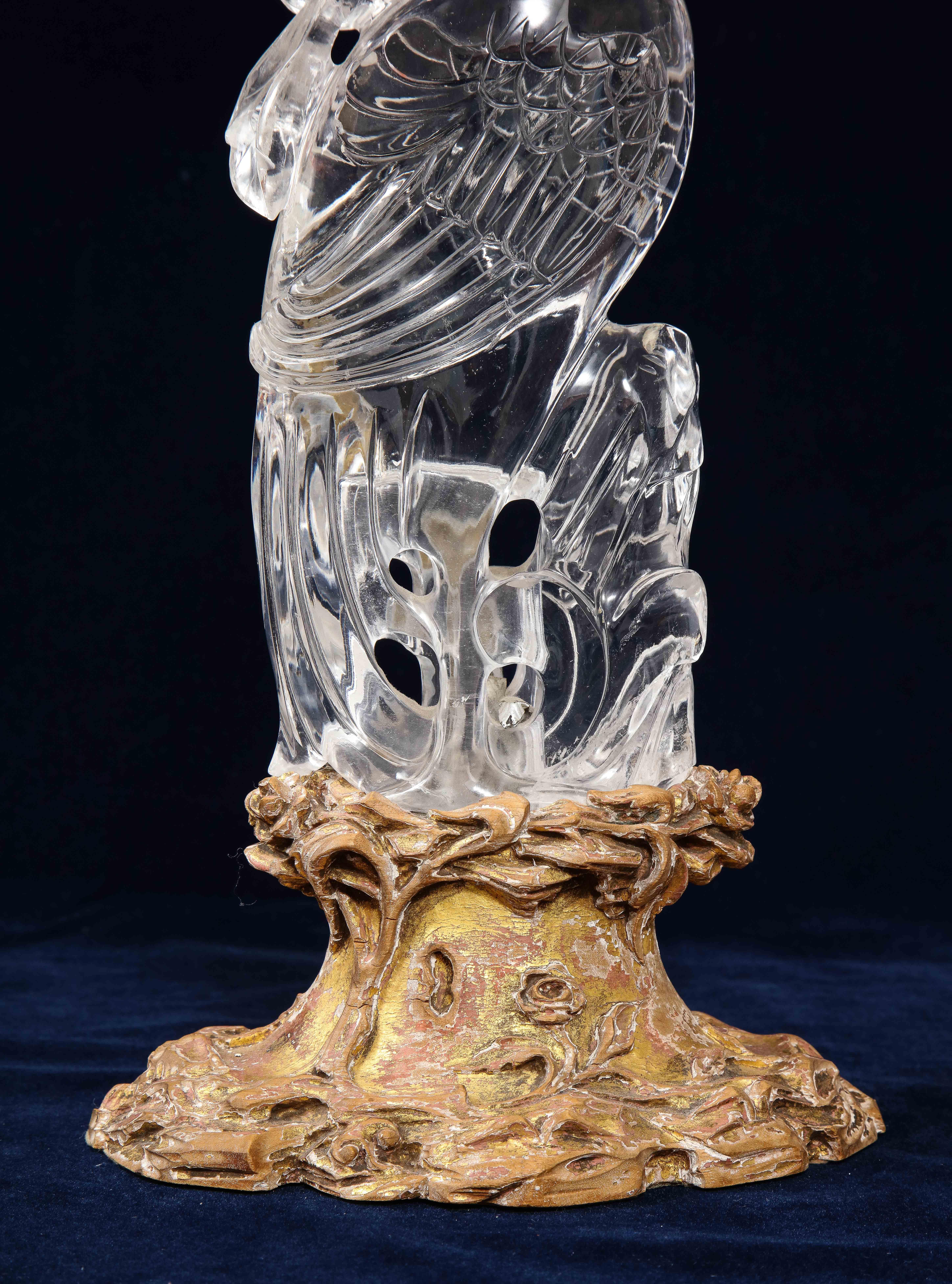 Large 19th Cent. Chinese Gilt Bornze Mtd Hand-Carved Rock Crystal Phoenix Lamp 1