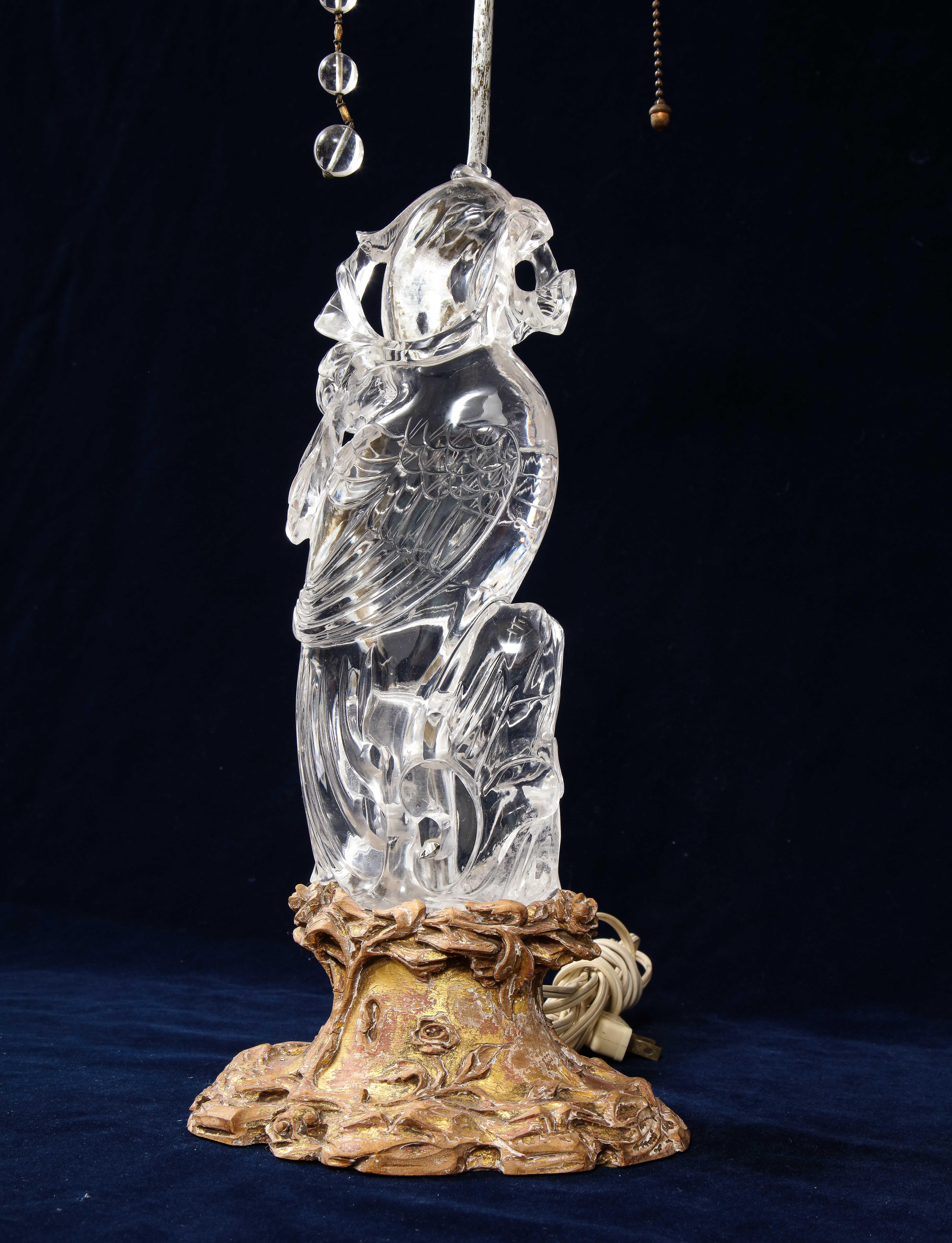 Large 19th Cent. Chinese Gilt Bornze Mtd Hand-Carved Rock Crystal Phoenix Lamp 2