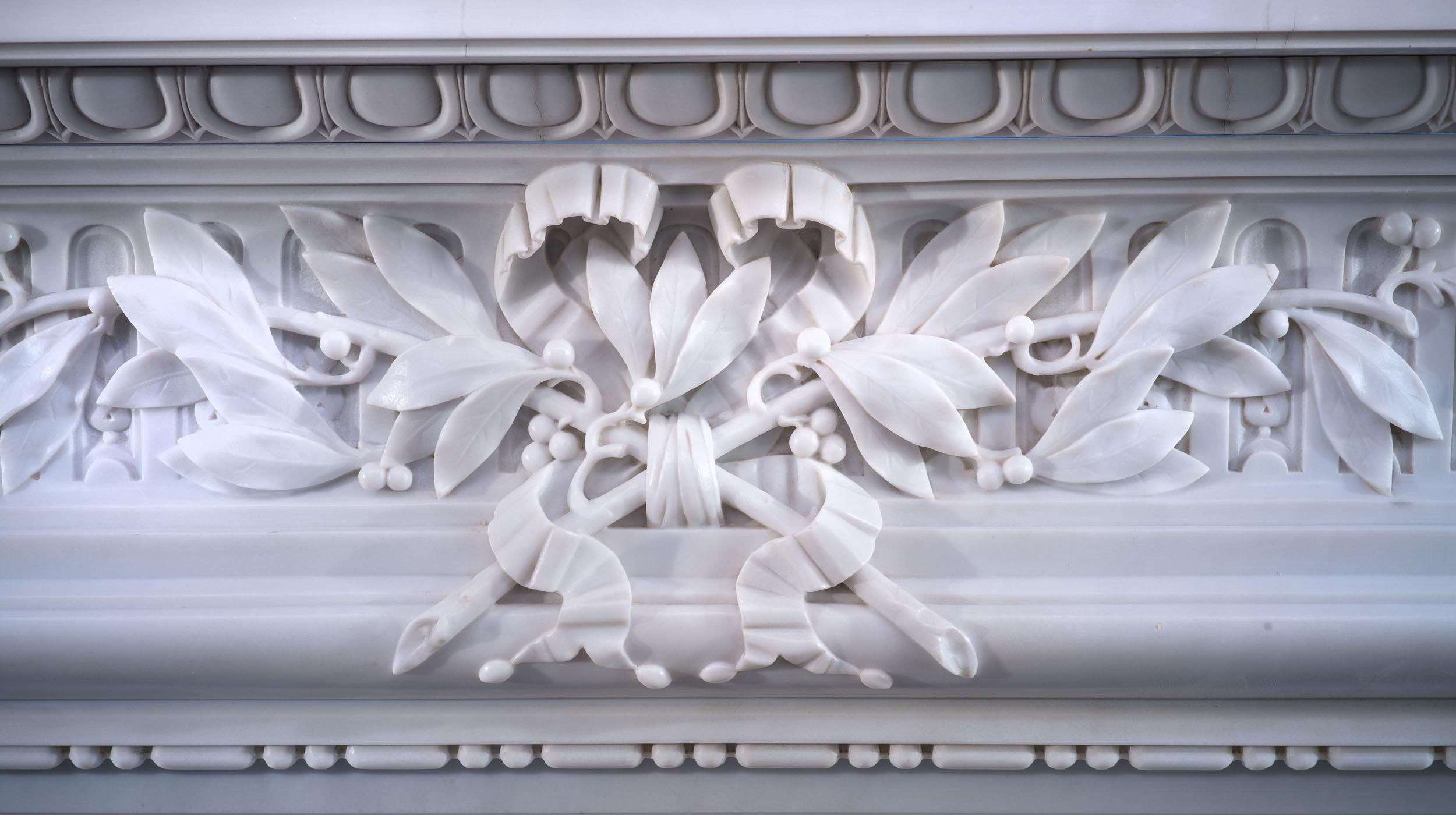 Statuary Marble A Large 19th century Belgian Laurel Arched Fireplace Mantel For Sale