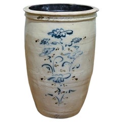 Large 19th Century Blue and White Ovoid Ceramic Jar, Cizhou Wear