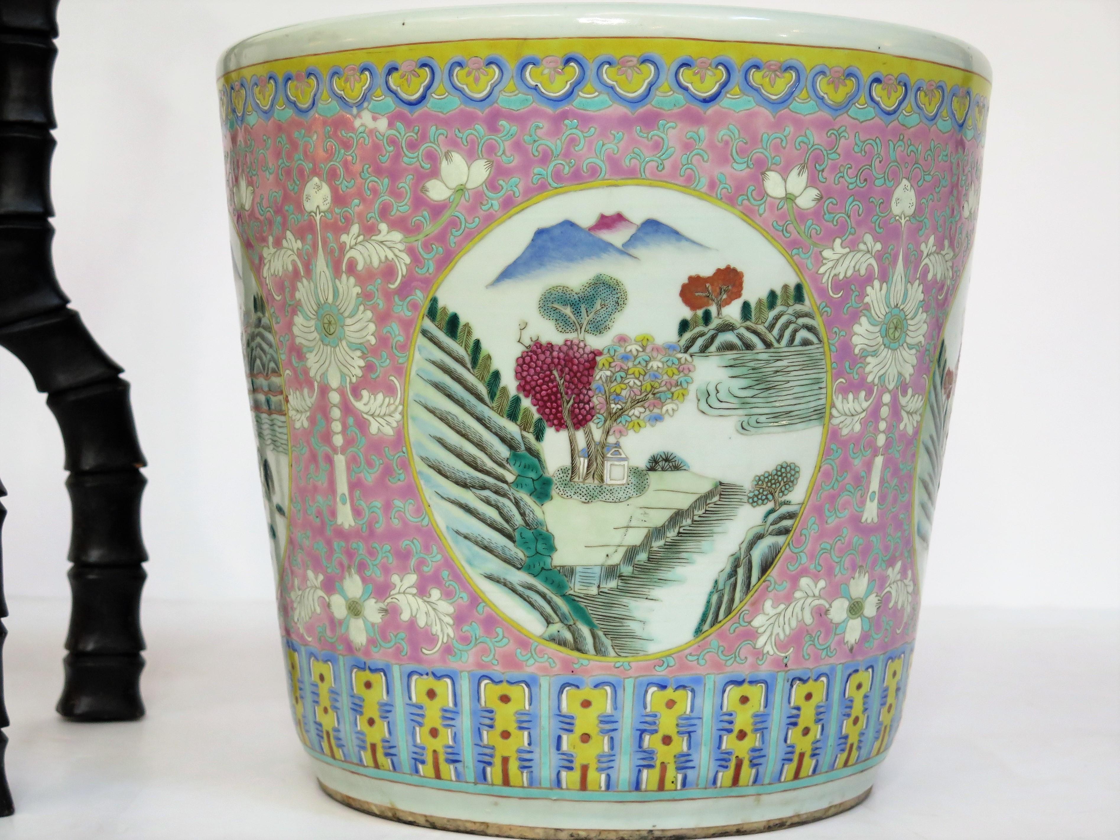 Hand-Crafted Large 19th Century Chinese Porcelain Jardinière on Carved Wooden Stand For Sale