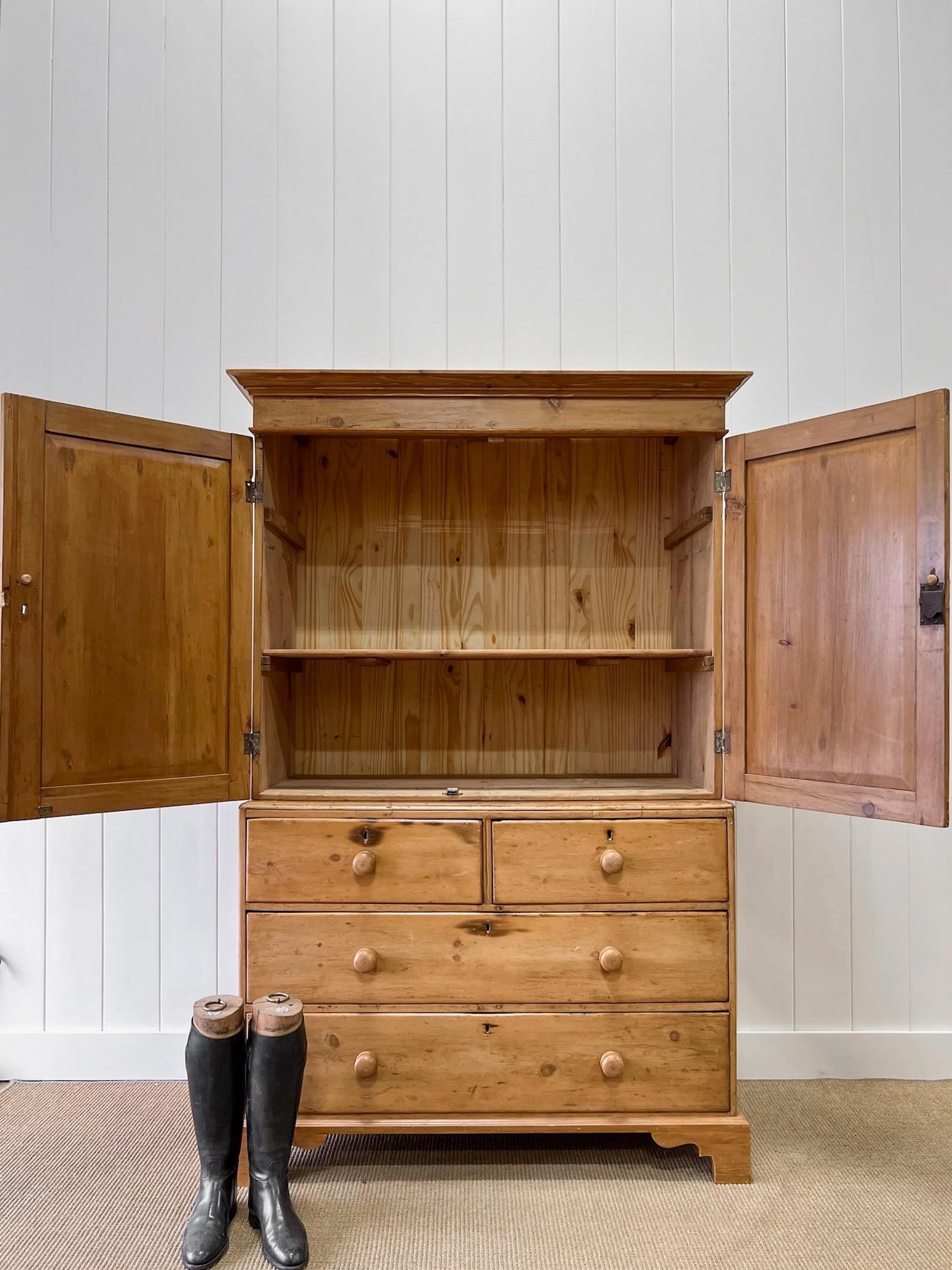 British A Large 19th Century English Pine Linen Press Cupboard