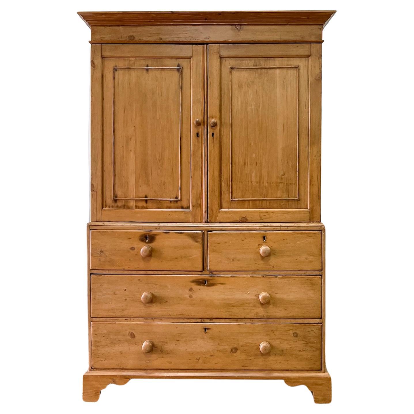 A Large 19th Century English Pine Linen Press Cupboard For Sale