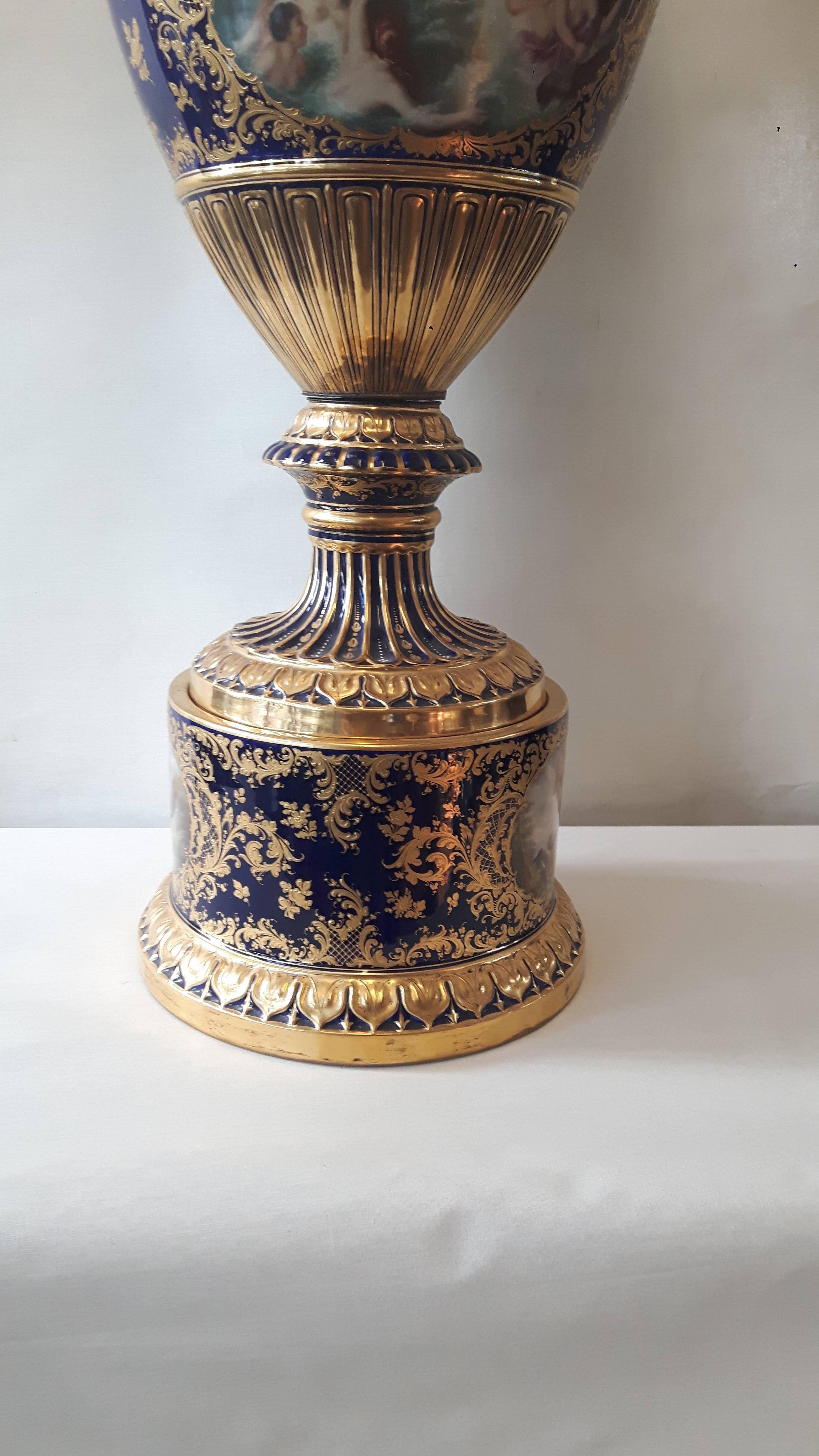 Austrian Large 19th Century Finely Painted Large Vienna Vase and Cover For Sale