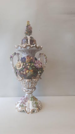 Large 19th Century Flower Encrusted Vase and Cover