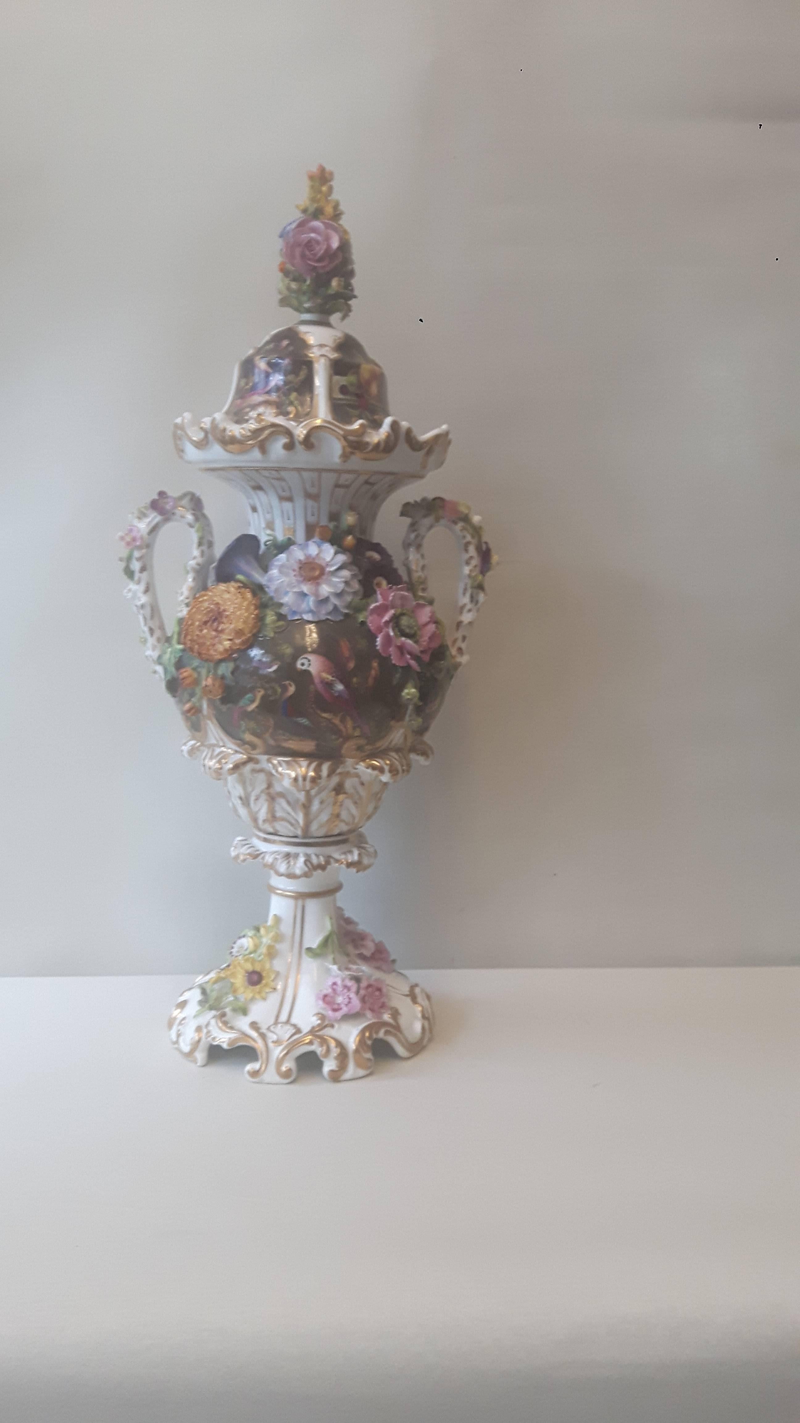 English Large 19th Century Flower Encrusted Vase and Cover For Sale