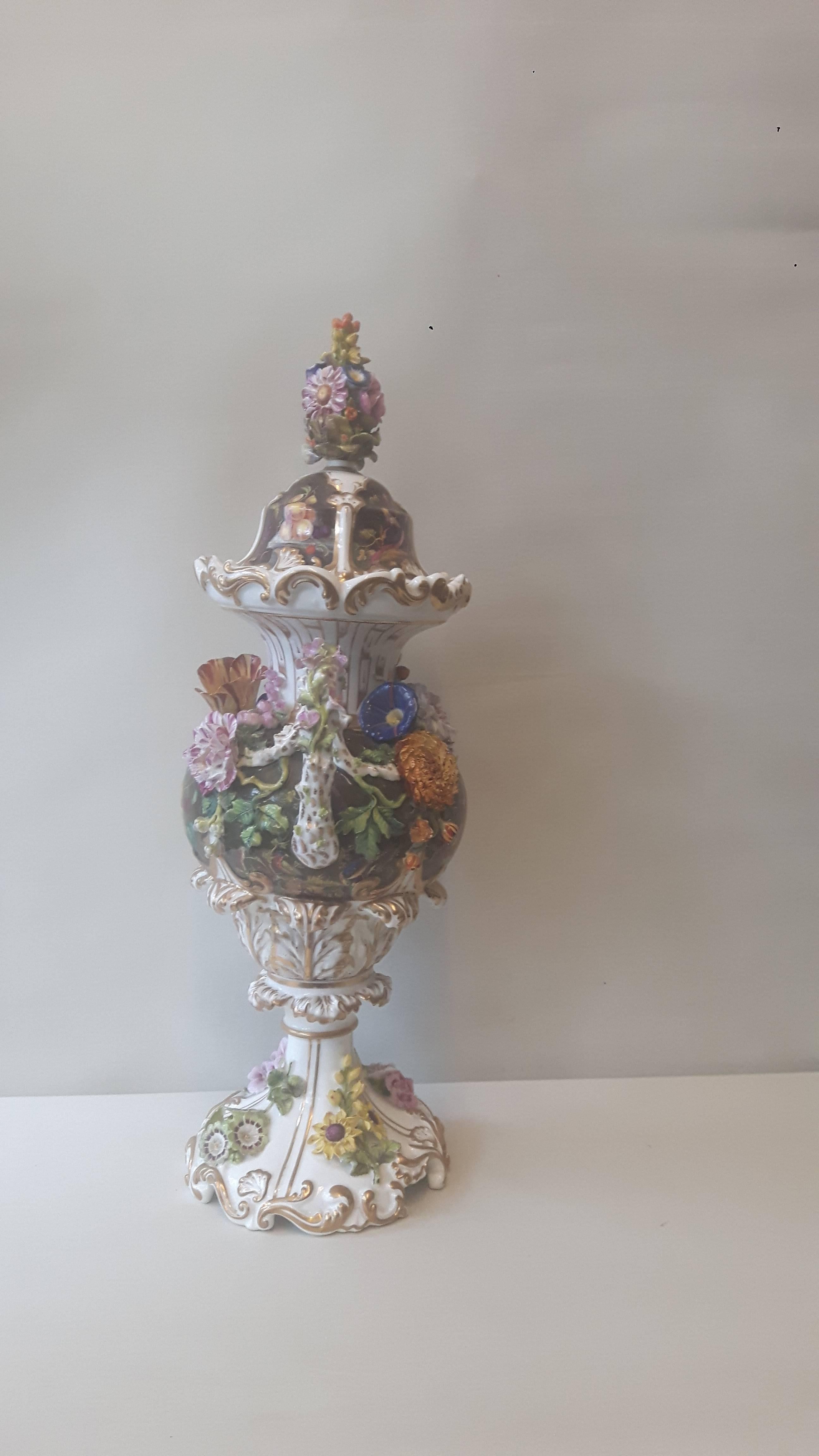 Glazed Large 19th Century Flower Encrusted Vase and Cover For Sale