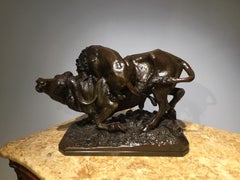 Large 19th Century French Bronze Animalier Group Depicting a Bull and a Lion