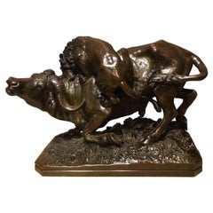 Large 19th Century French Bronze Animalier Group Depicting a Bull and a Lion