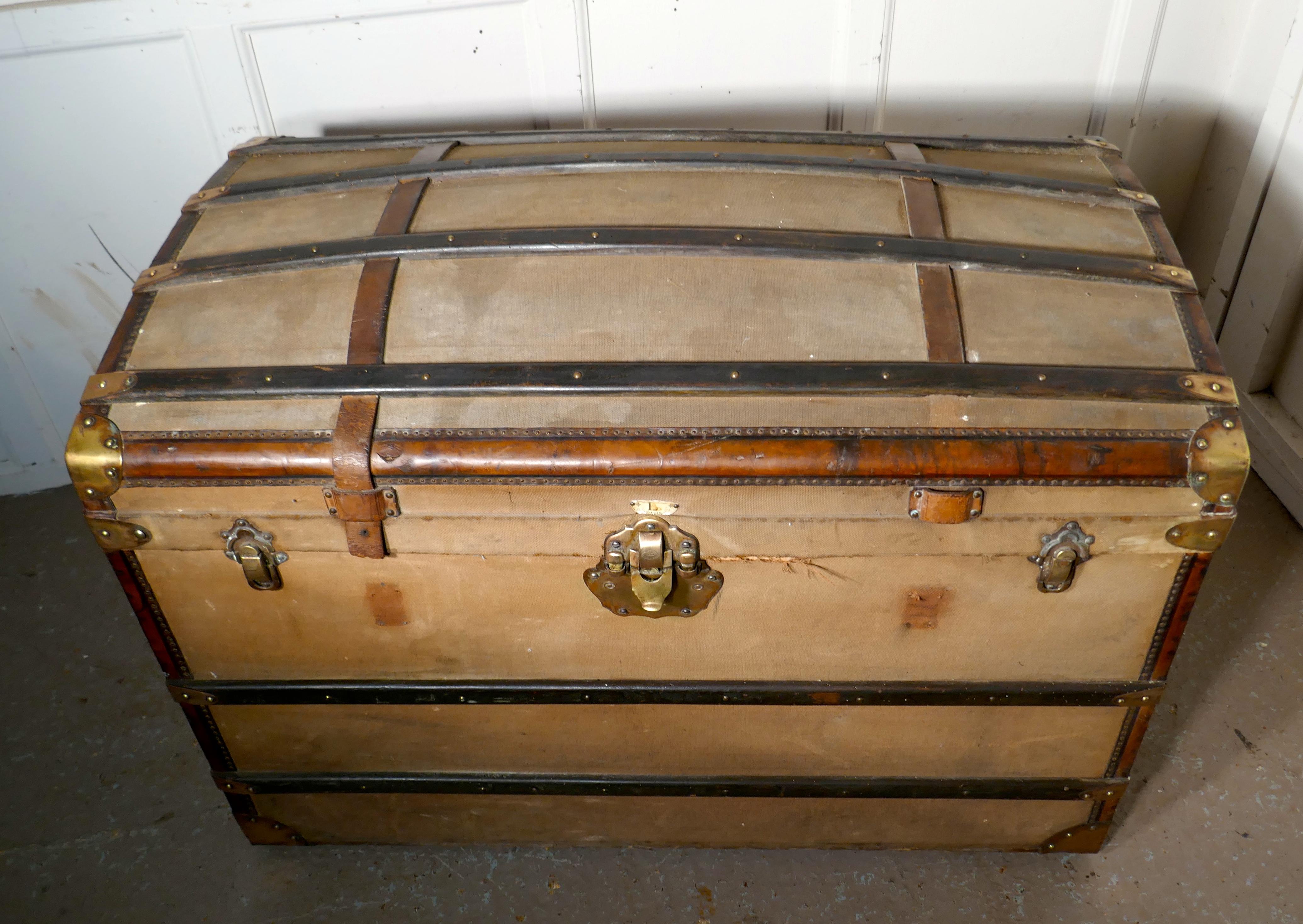 Large 19th Century French Canvas Dome Top Travel Trunk, Lion Brand 3