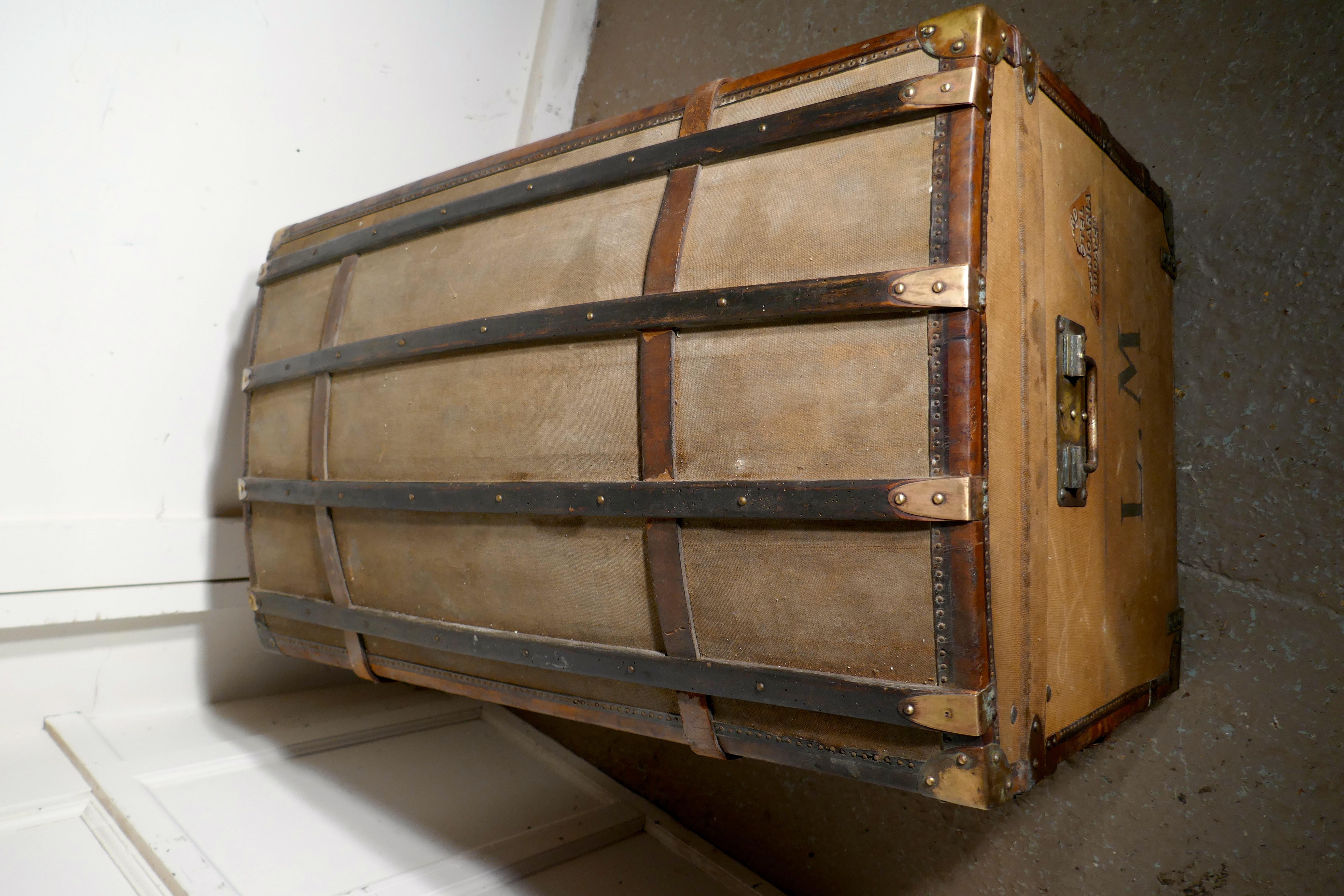 Victorian Large 19th Century French Canvas Dome Top Travel Trunk, Lion Brand