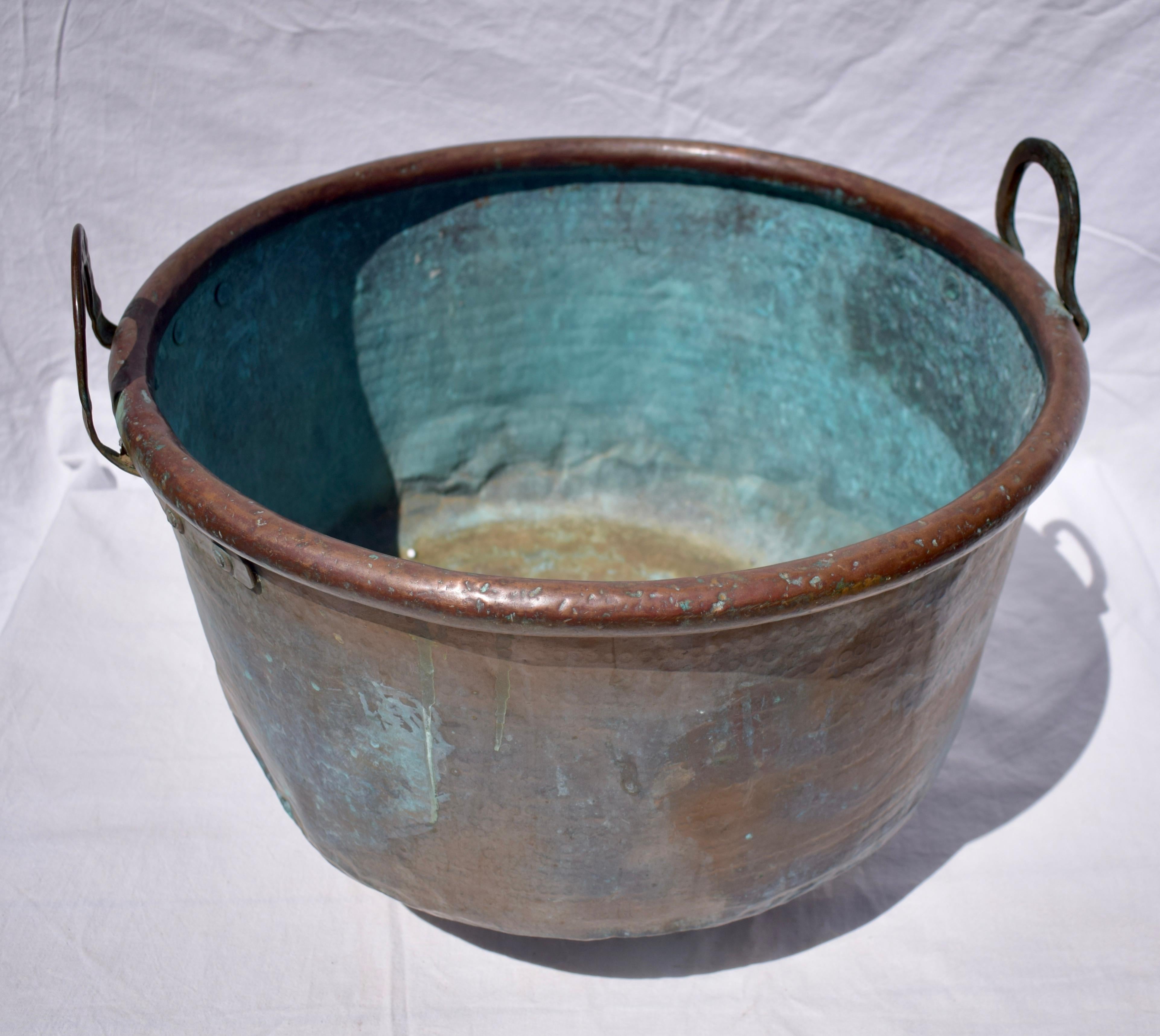 Large 19th Century French Copper Cauldron with a Verdigris Patina 1