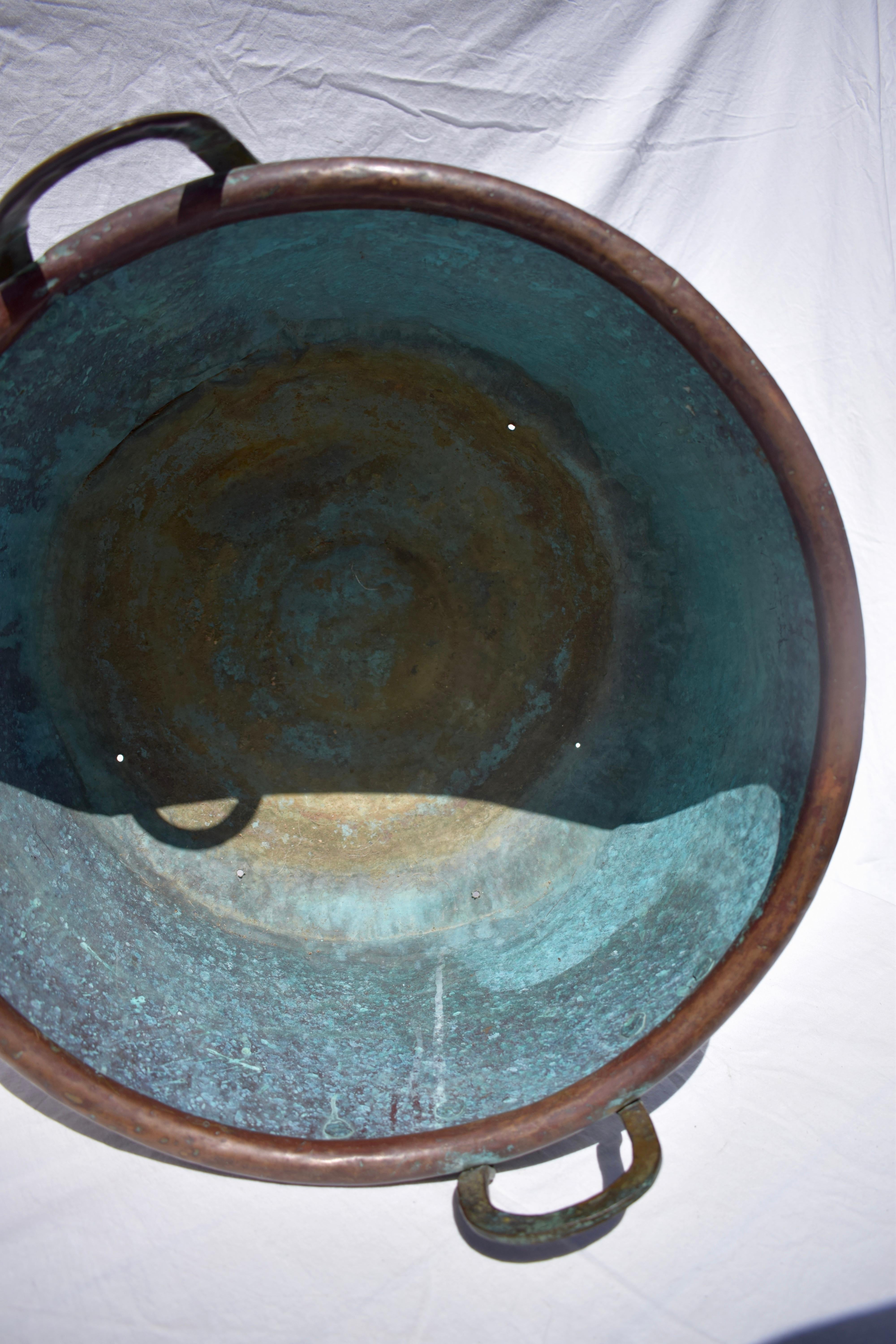 Large 19th Century French Copper Cauldron with a Verdigris Patina 2