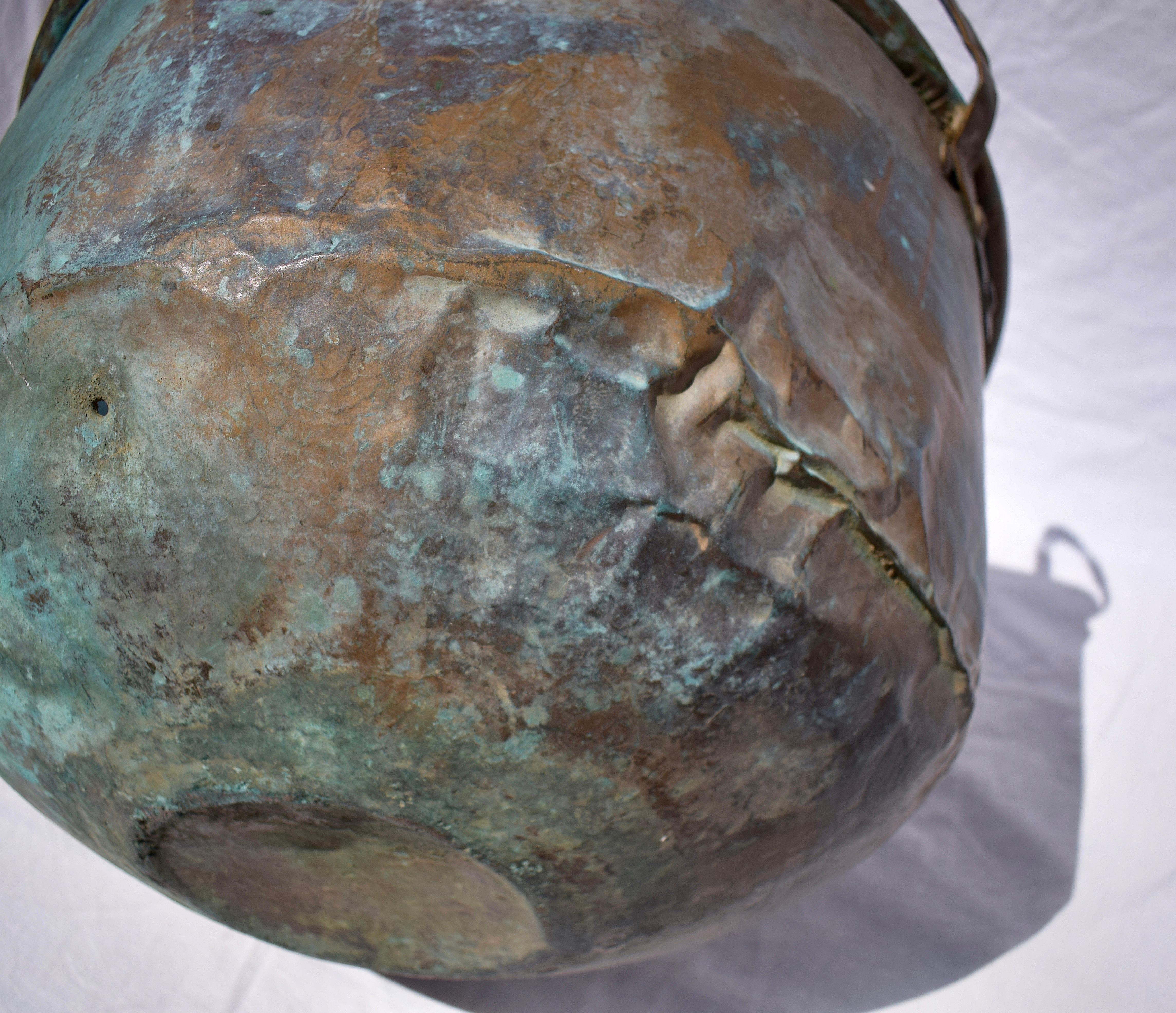 Large 19th Century French Copper Cauldron with a Verdigris Patina 4