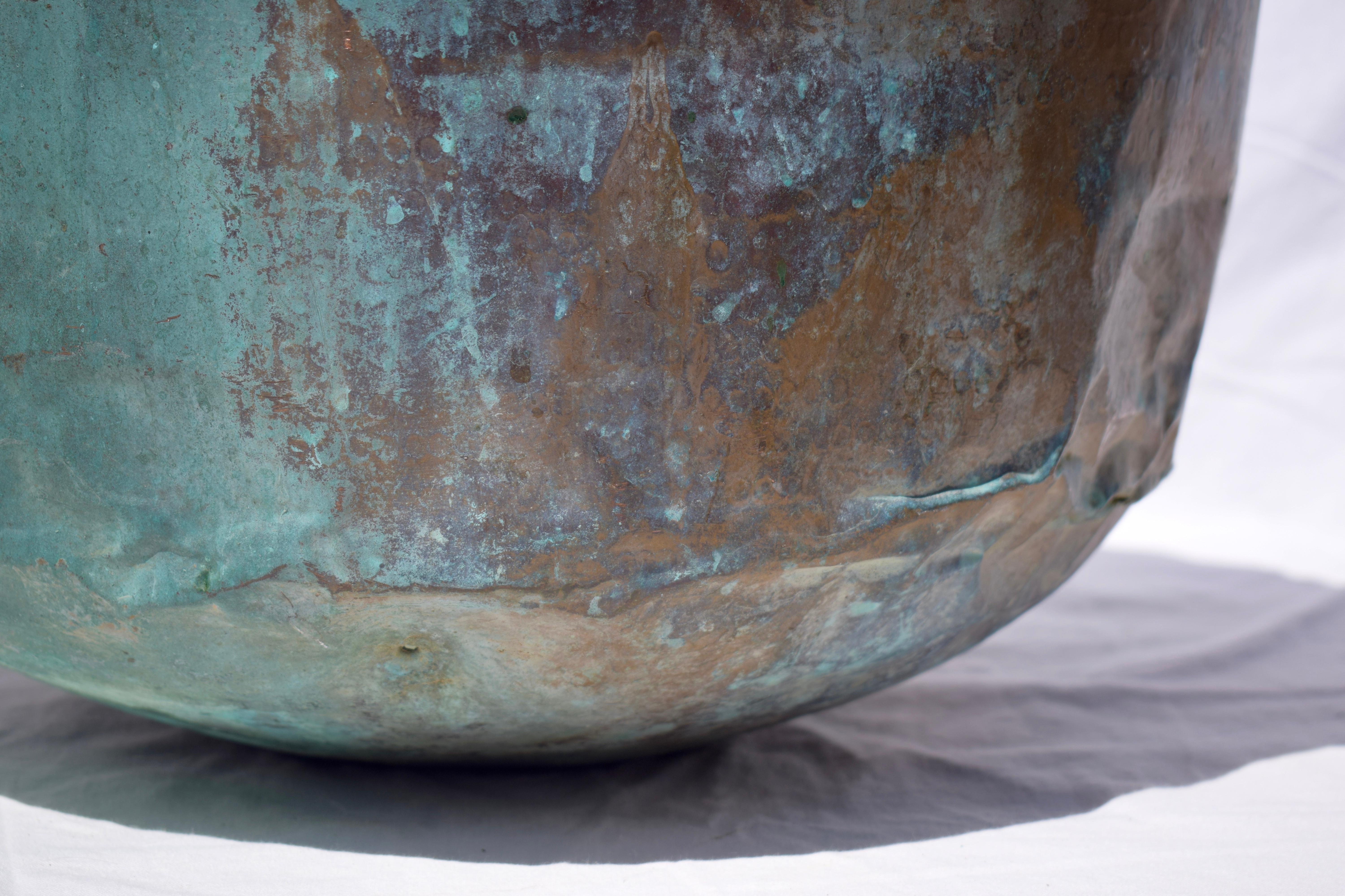 Rustic Large 19th Century French Copper Cauldron with a Verdigris Patina